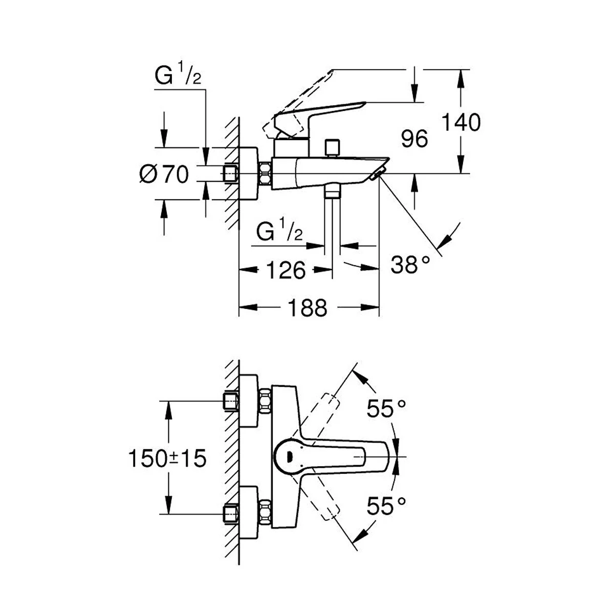 Rysunek techniczny baterii wannowej z wymiarami, Grohe