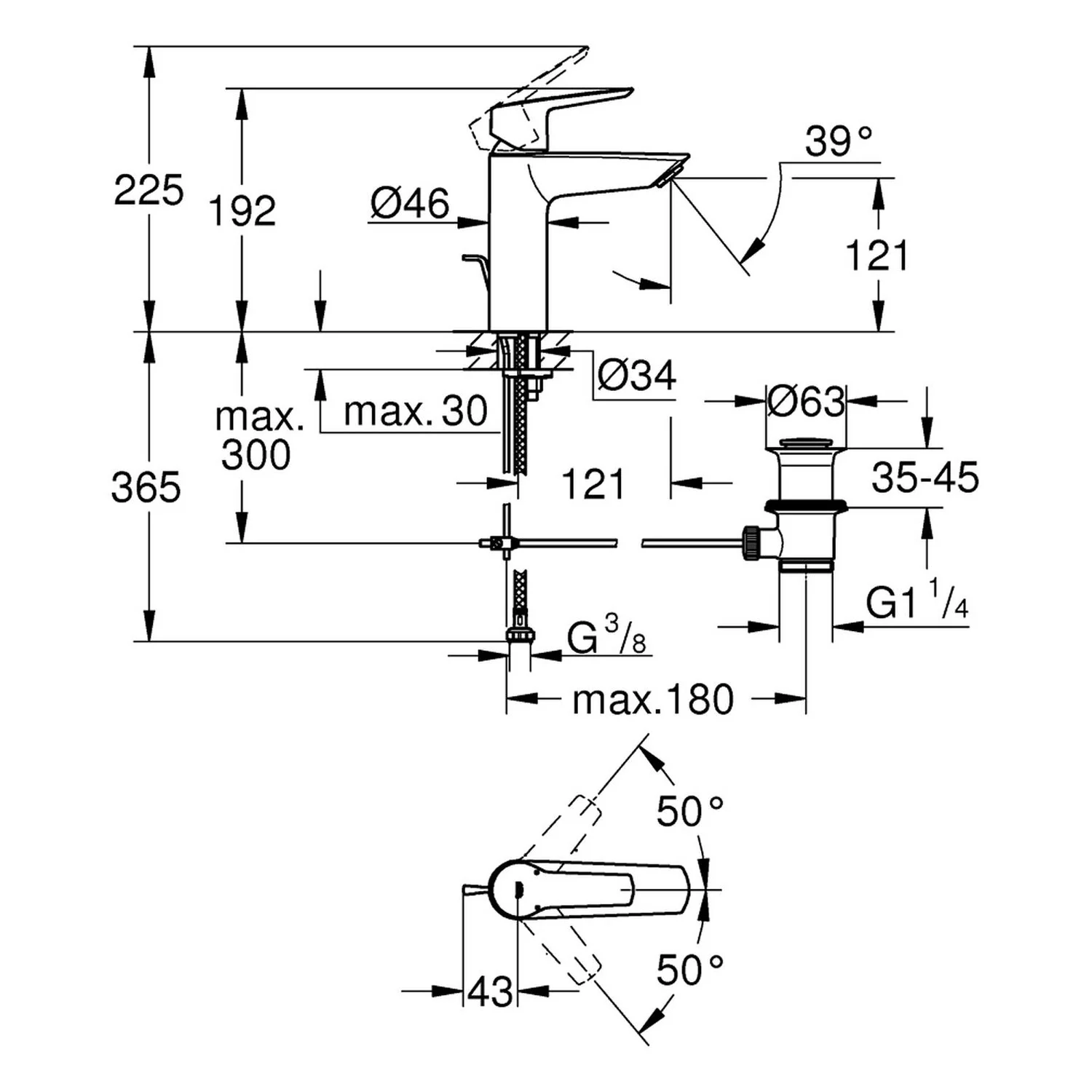 Rysunek techniczny baterii umywalkowej z wymiarami, Grohe