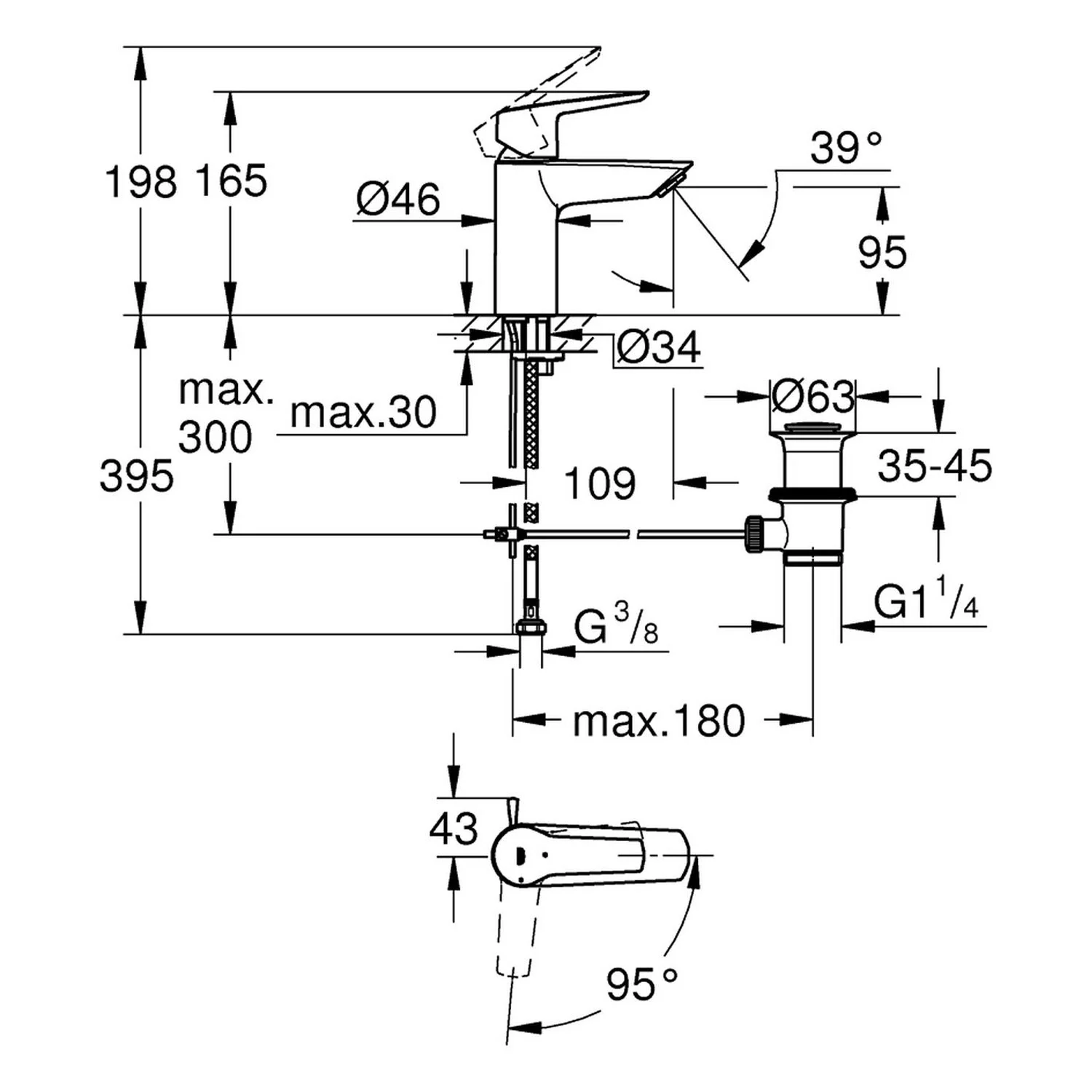 Rysunek techniczny baterii umywalkowej z wymiarami, Grohe
