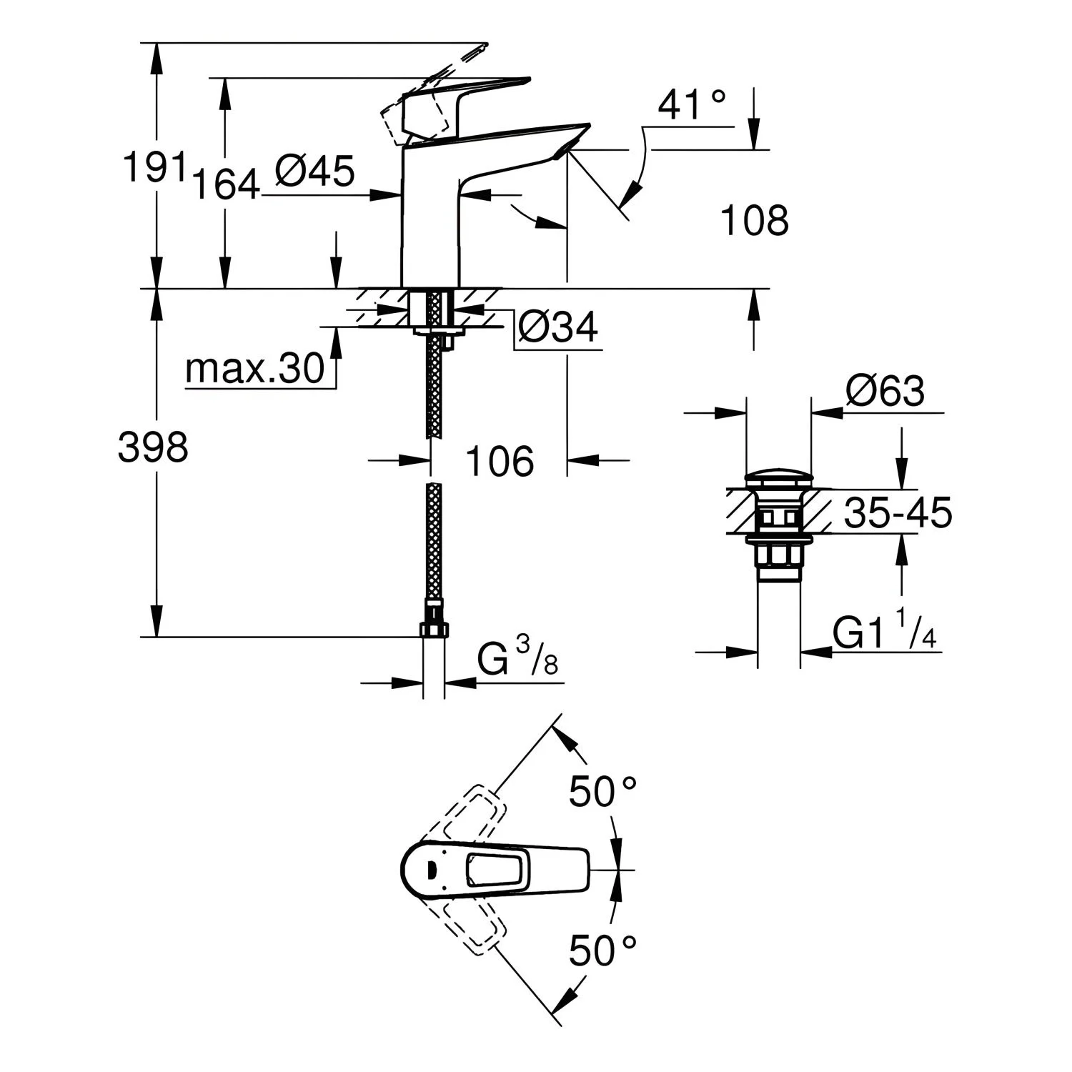Rysunek techniczny baterii umywalkowej z wymiarami, Grohe