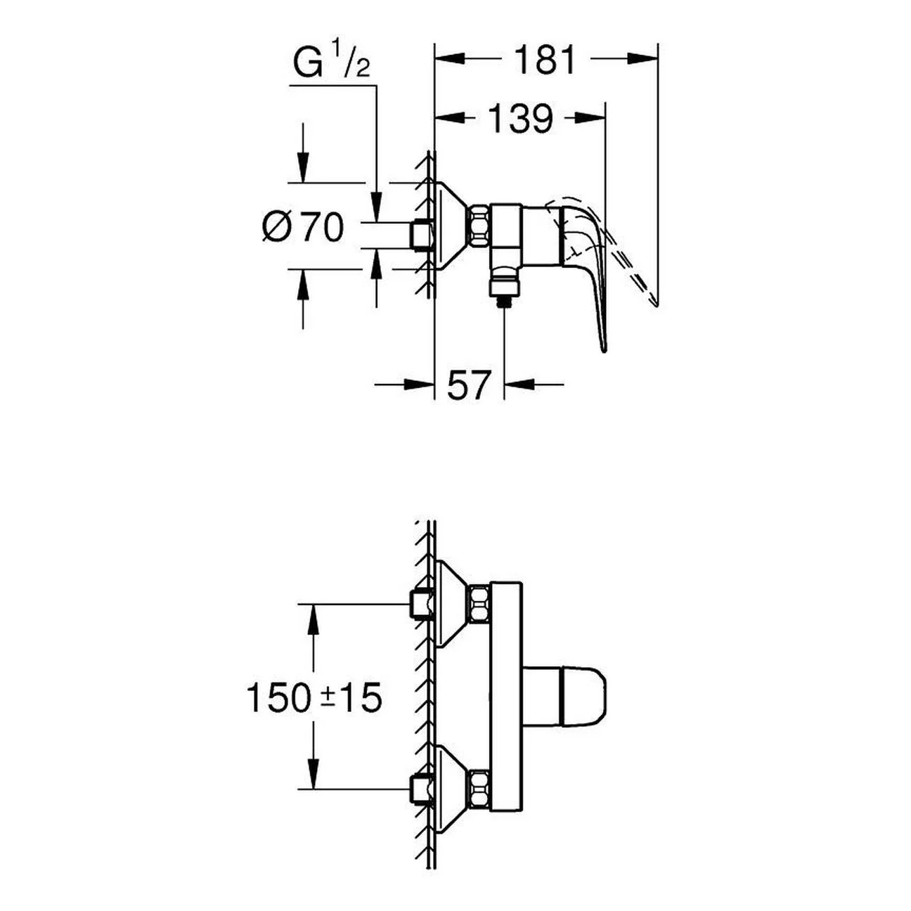 Rysunek techniczny baterii prysznicowej z wymiarami, Grohe