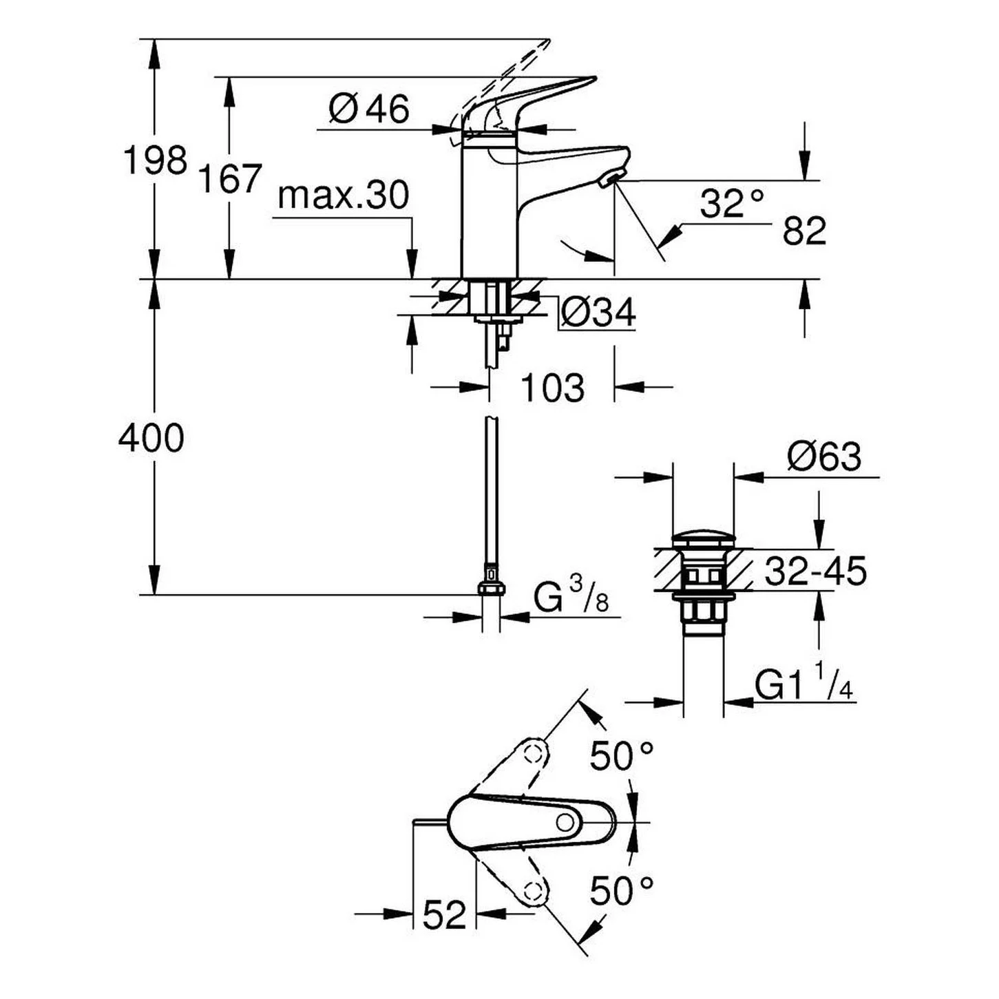 Rysunek techniczny baterii umywalkowej z wymiarami, Grohe