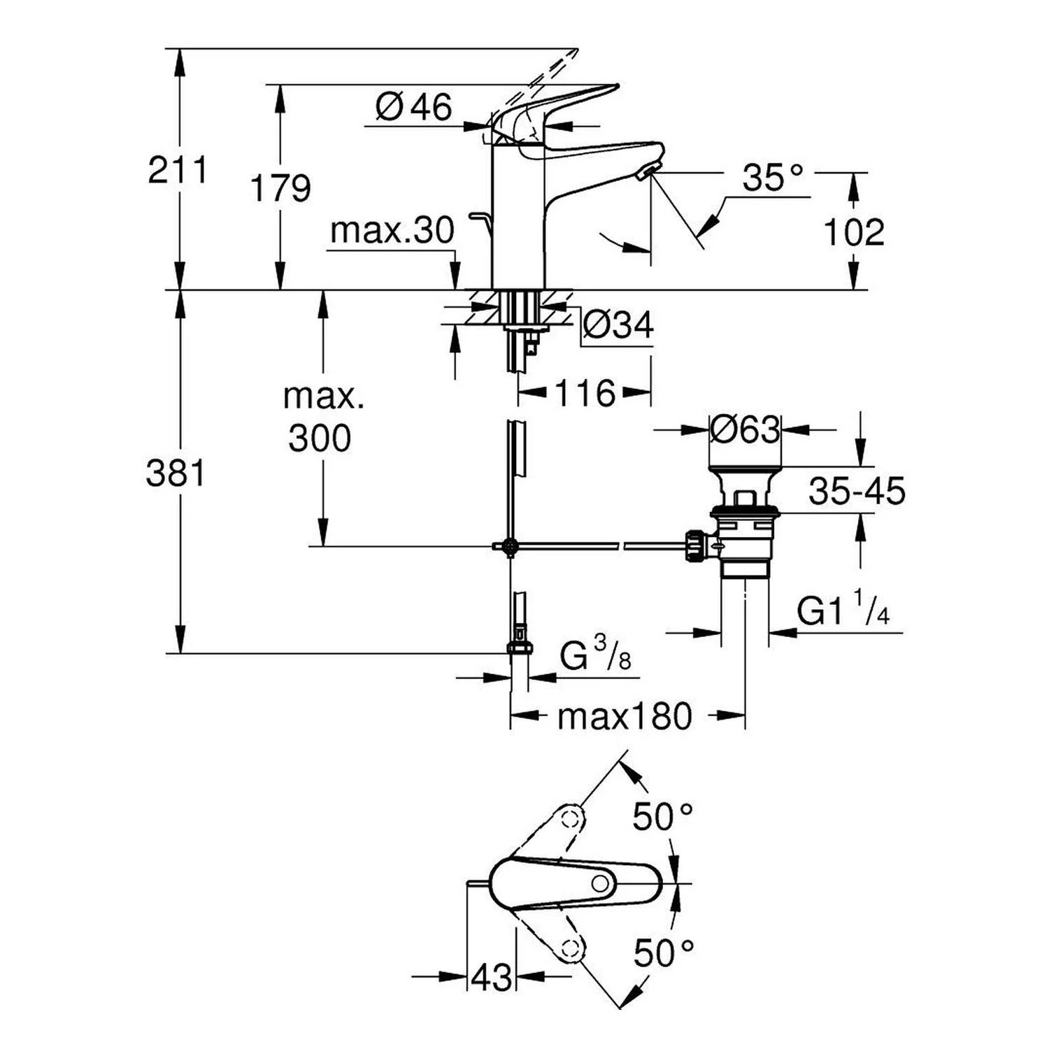 Rysunek techniczny baterii umywalkowej z wymiarami, Grohe