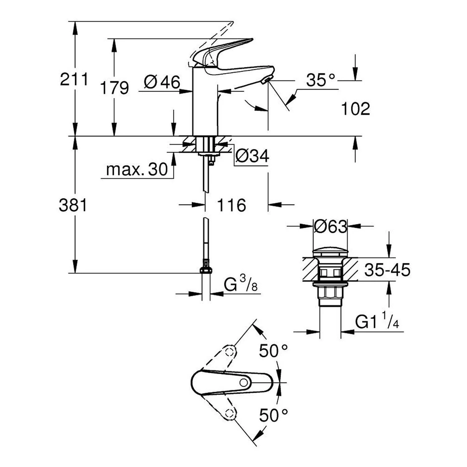Rysunek techniczny baterii umywalkowej z wymiarami, Grohe