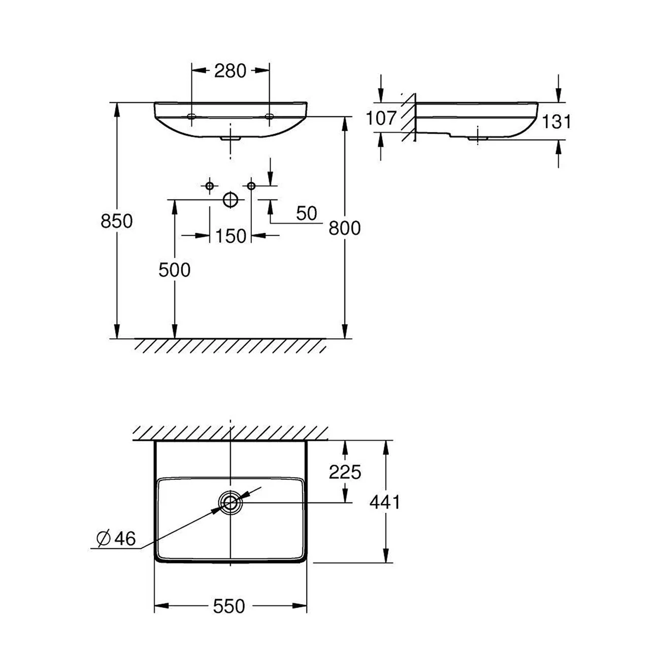 Rysunek techniczny umywalki 55 cm, Grohe
