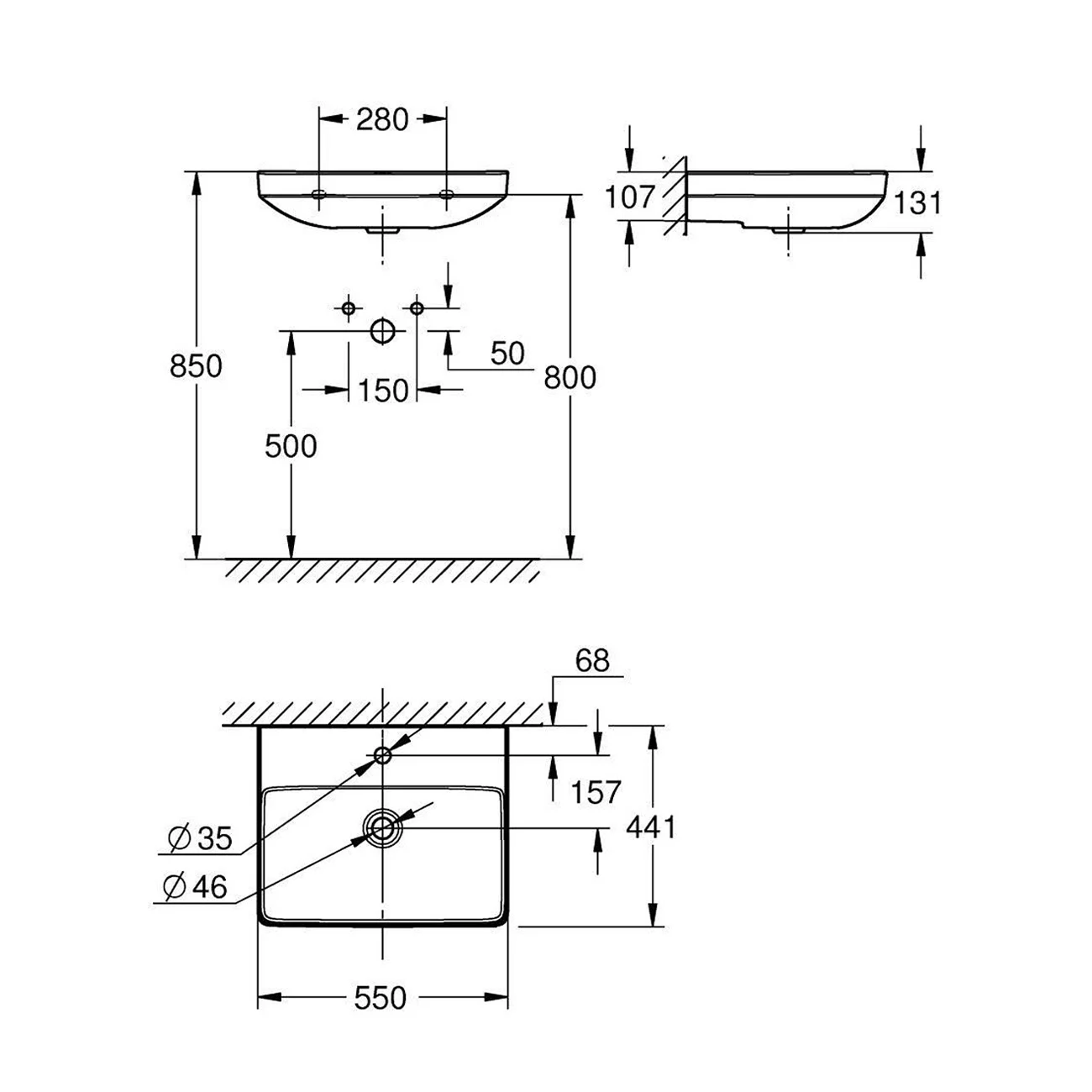 Rysunek techniczny umywalki z wymiarami, Grohe