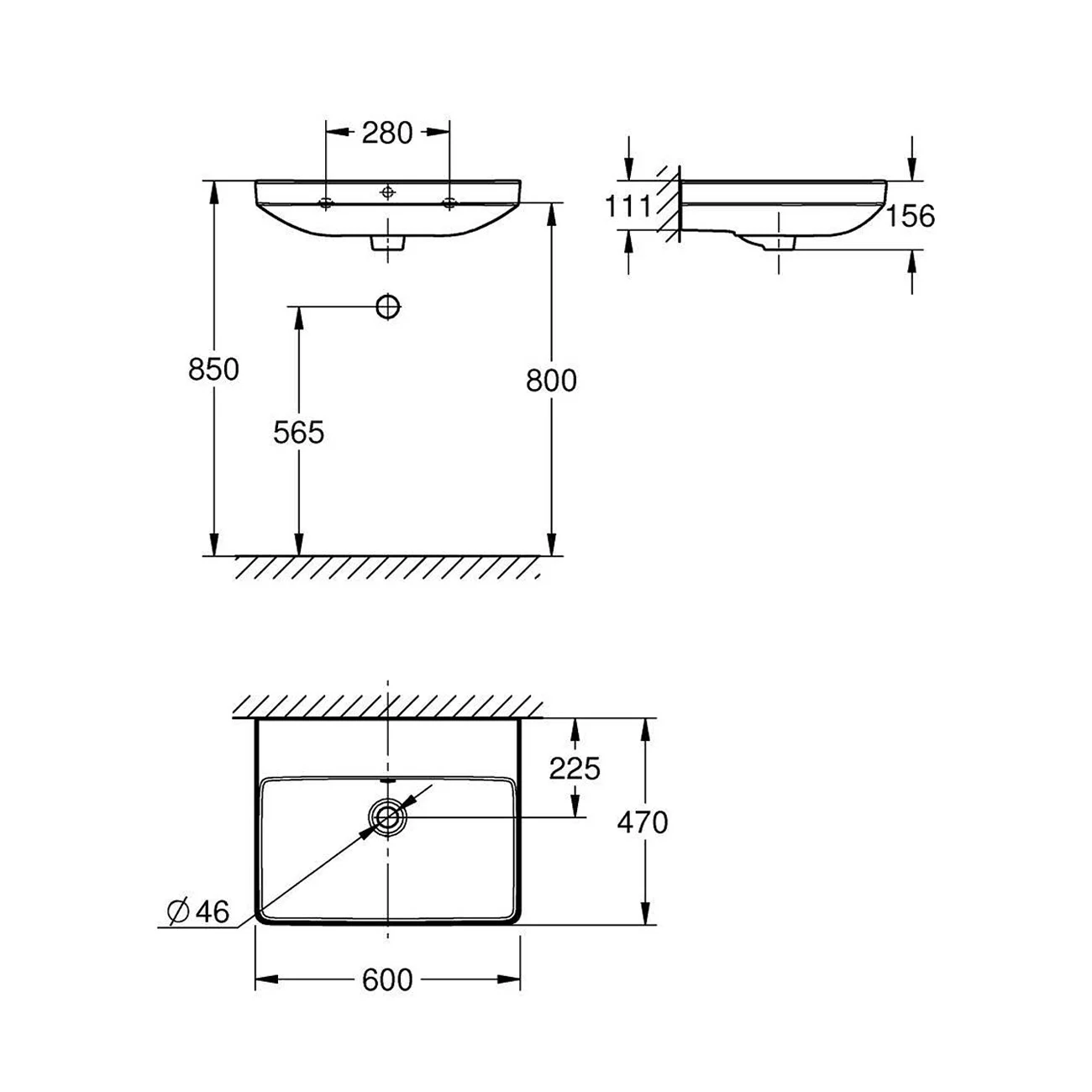 Rysunek techniczny umywalki 60 cm, Grohe