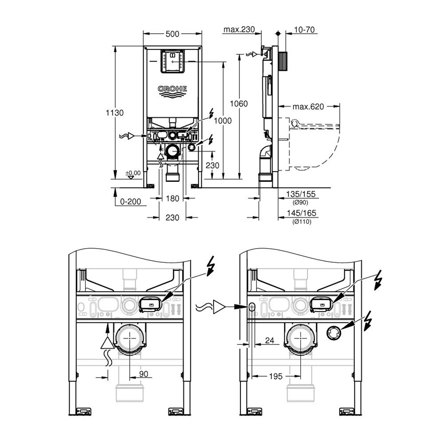 Rysunek techniczny systemu instalacji toalety z prysznicem, Grohe