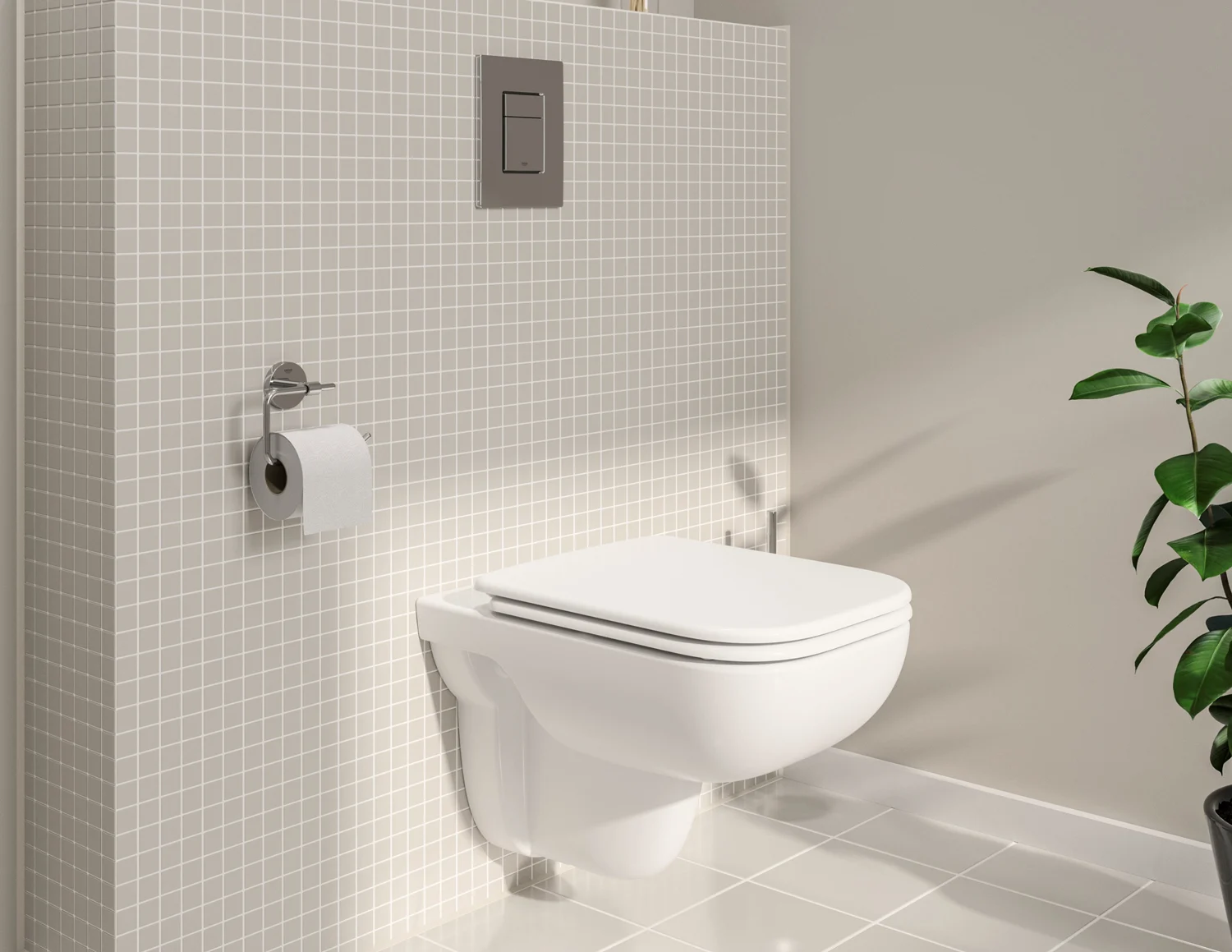 Toaleta podwieszana w wykafelkowanej łazience, Grohe