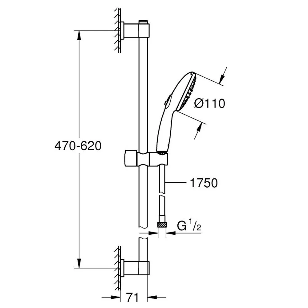 Rysunek techniczny zestawu prysznicowego z wymiarami, Grohe