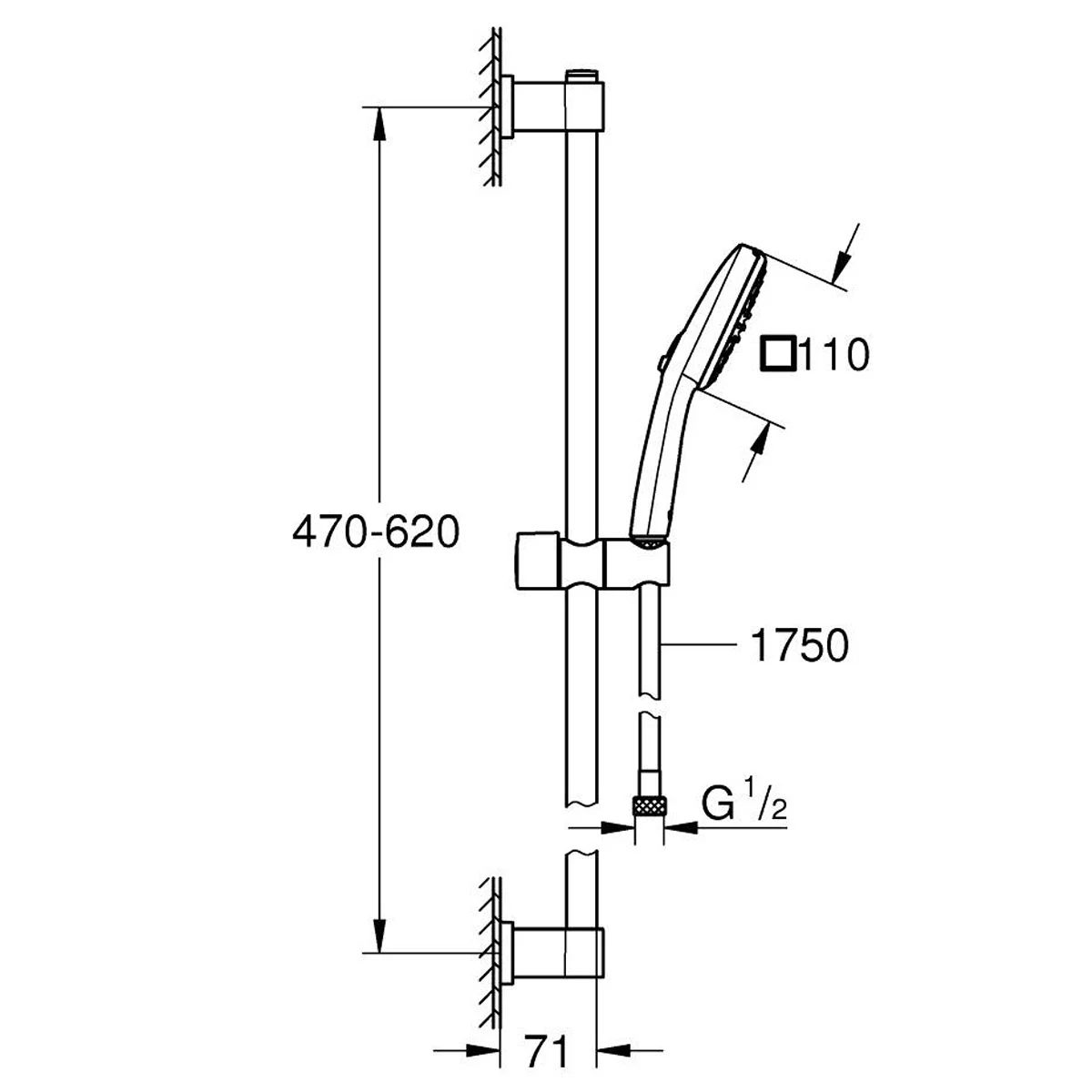 Rysunek techniczny zestawu prysznicowego z wymiarami, Grohe