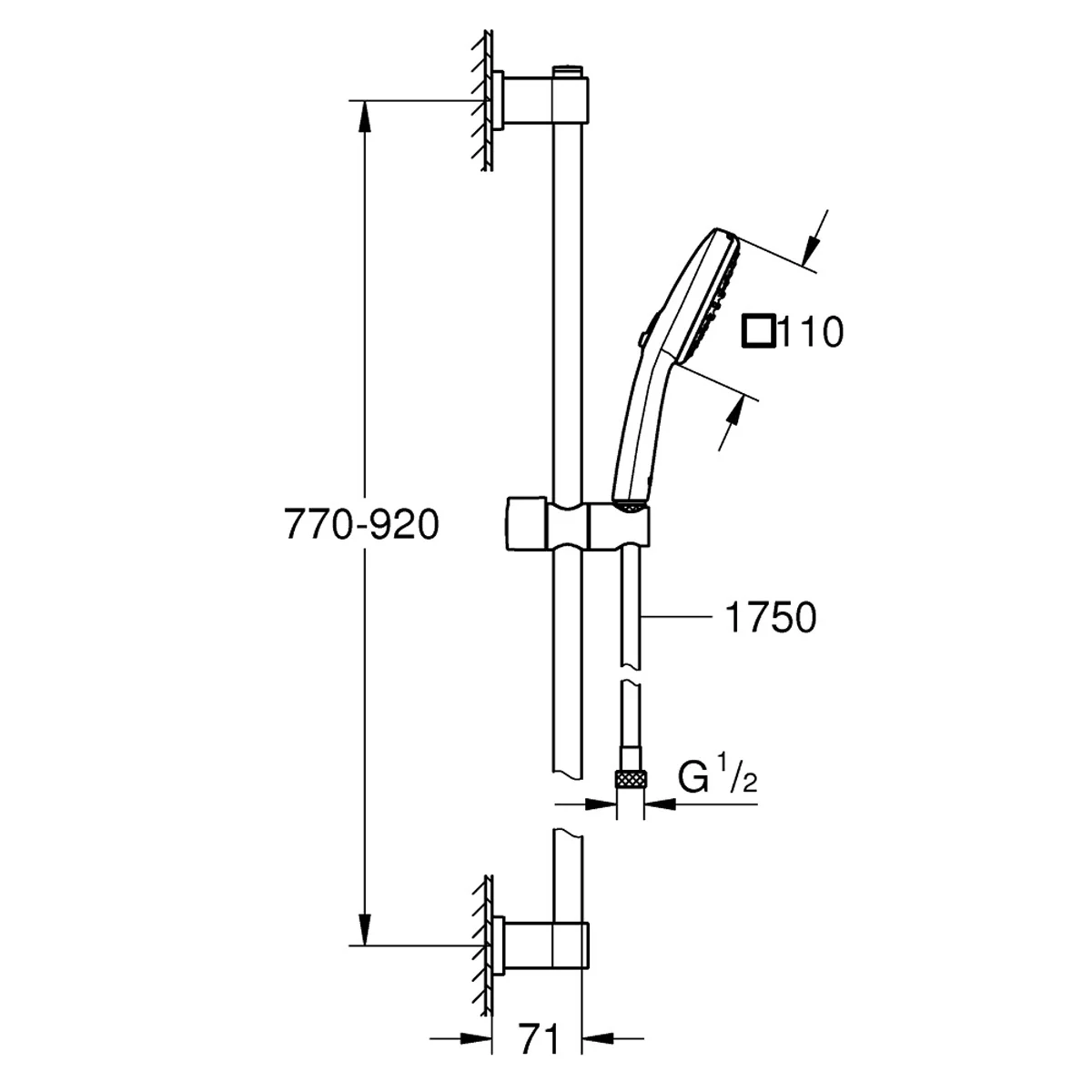 Rysunek techniczny zestawu prysznicowego z wymiarami, Grohe