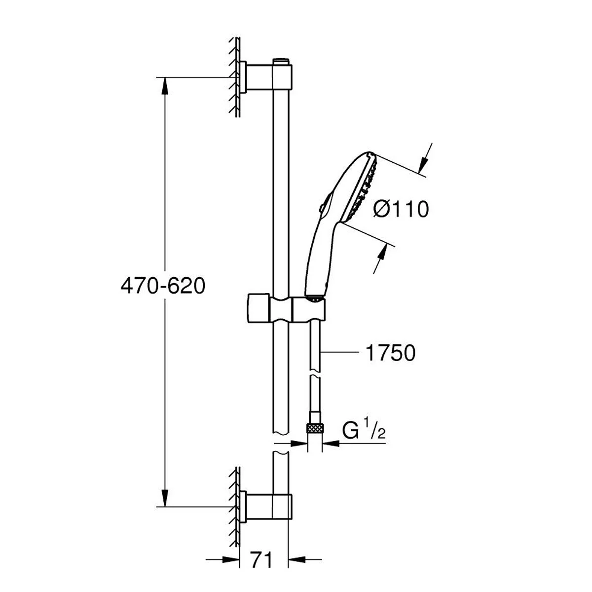 Rysunek techniczny zestawu prysznicowego z wymiarami, Grohe