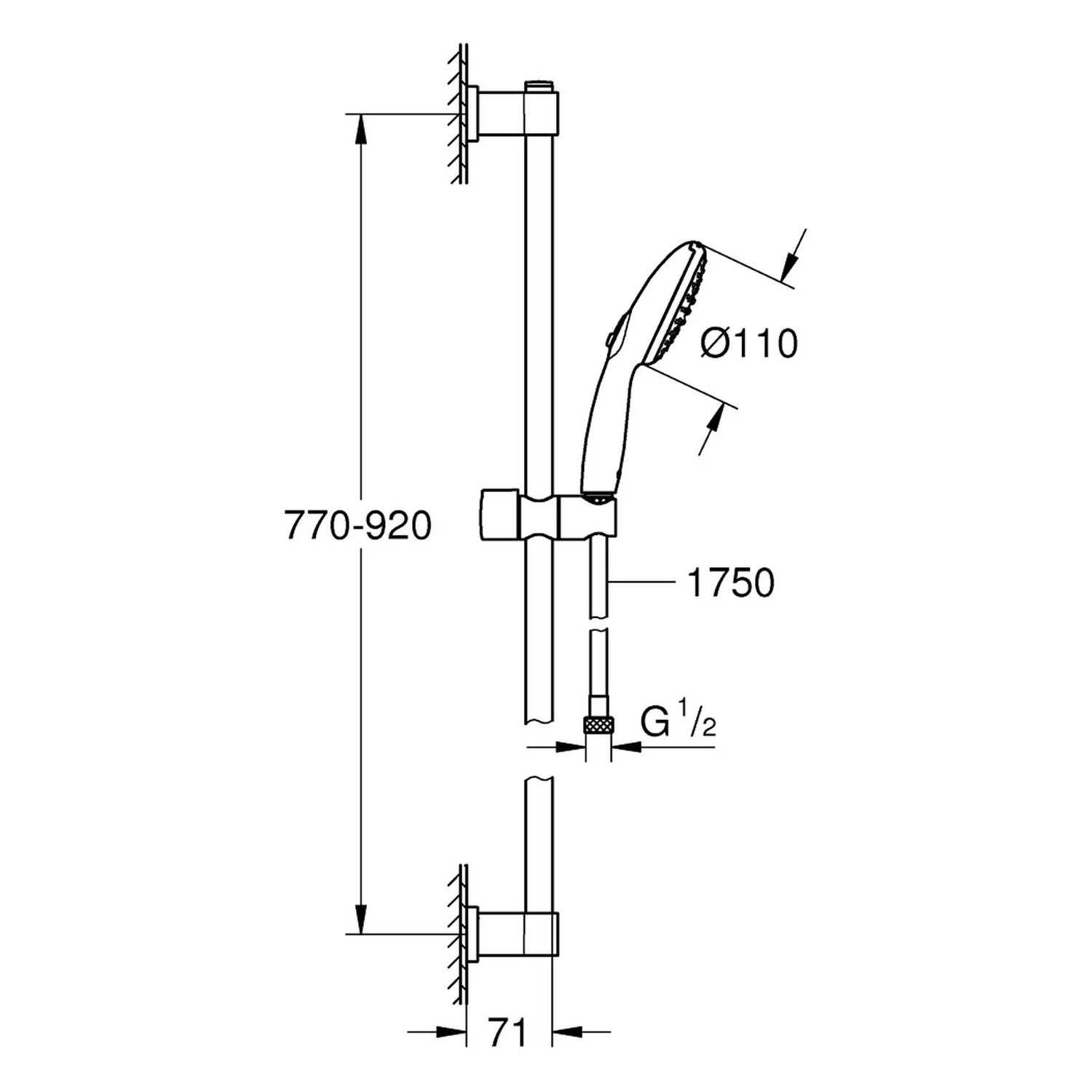 Rysunek techniczny zestawu prysznicowego z wymiarami, Grohe