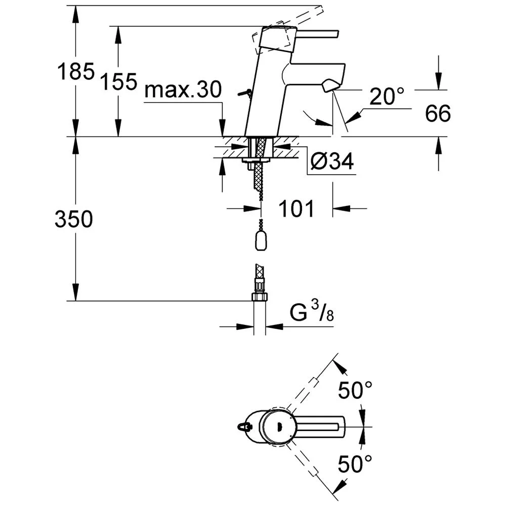 Rysunek techniczny baterii umywalkowej z wymiarami, Grohe