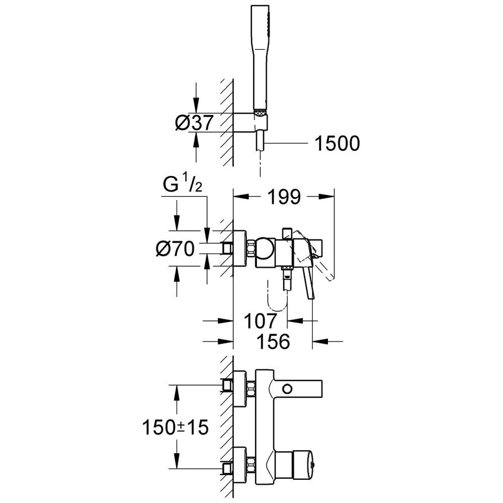 Rysunek techniczny baterii wannowej z wymiarami, Grohe