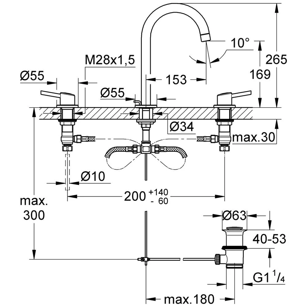 Rysunek techniczny baterii 3-otworowej z wymiarami, Grohe