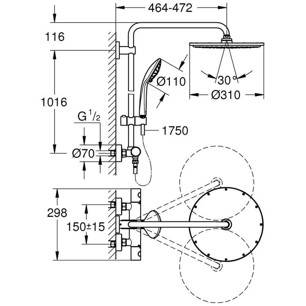 Rysunek techniczny systemu prysznicowego z wymiarami, Grohe