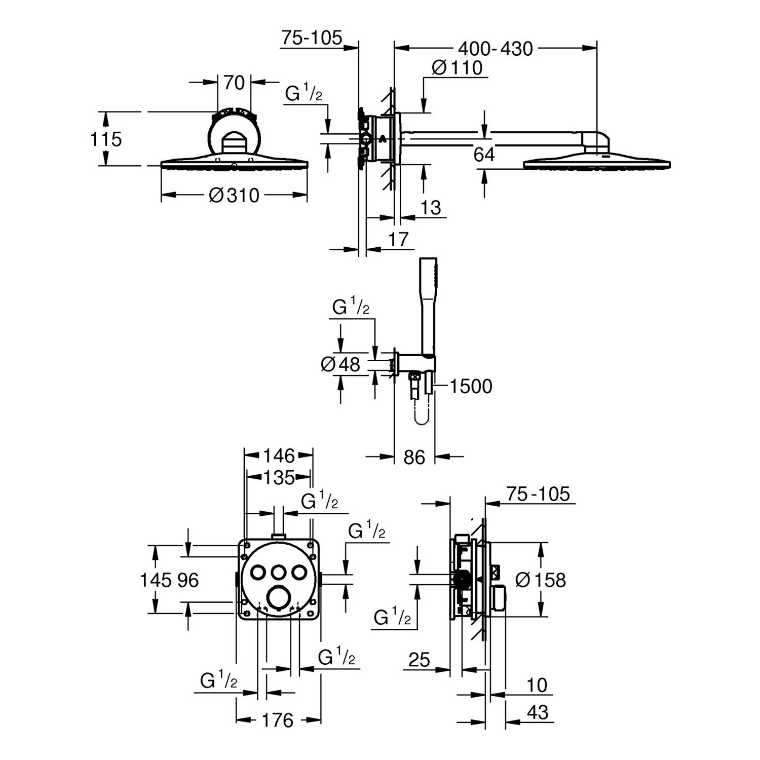 Rysunek techniczny systemu prysznicowego z wymiarami, Grohe