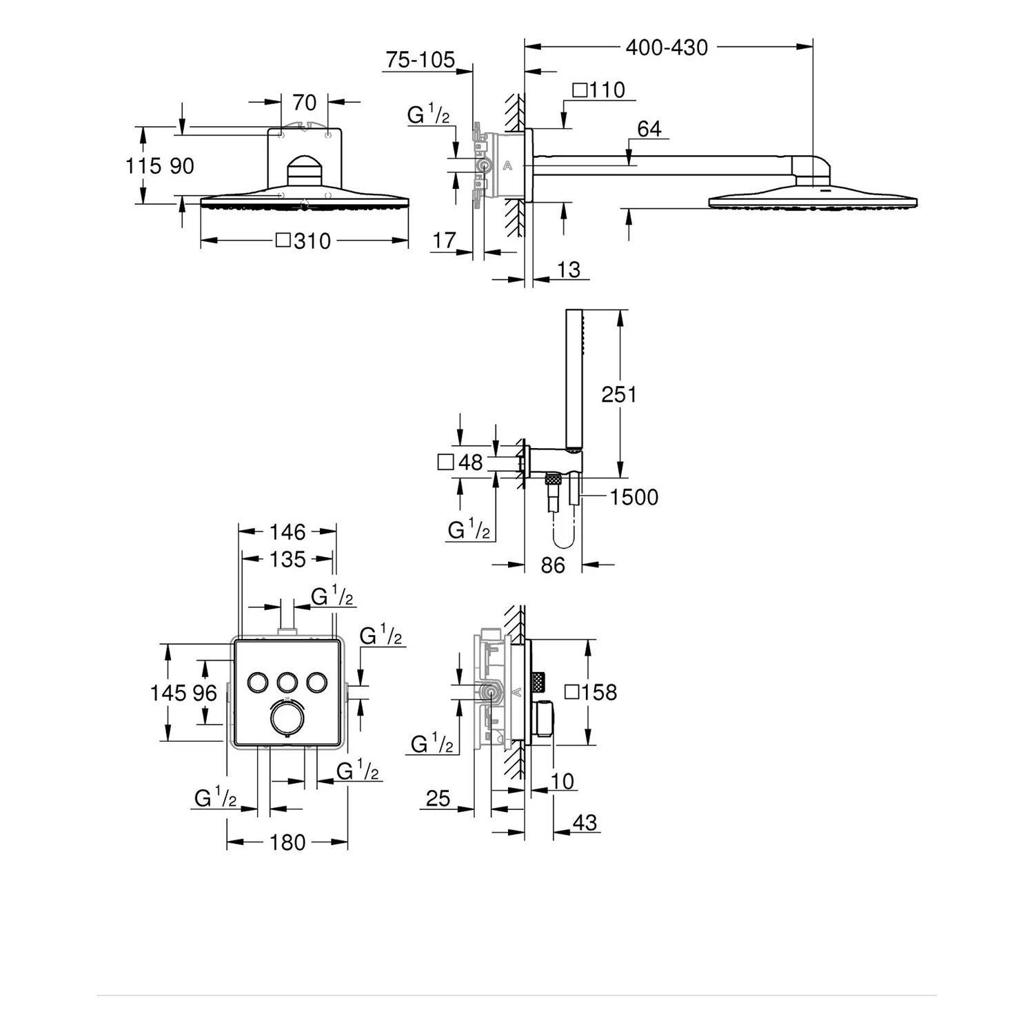 Rysunek techniczny systemu prysznicowego z wymiarami, Grohe