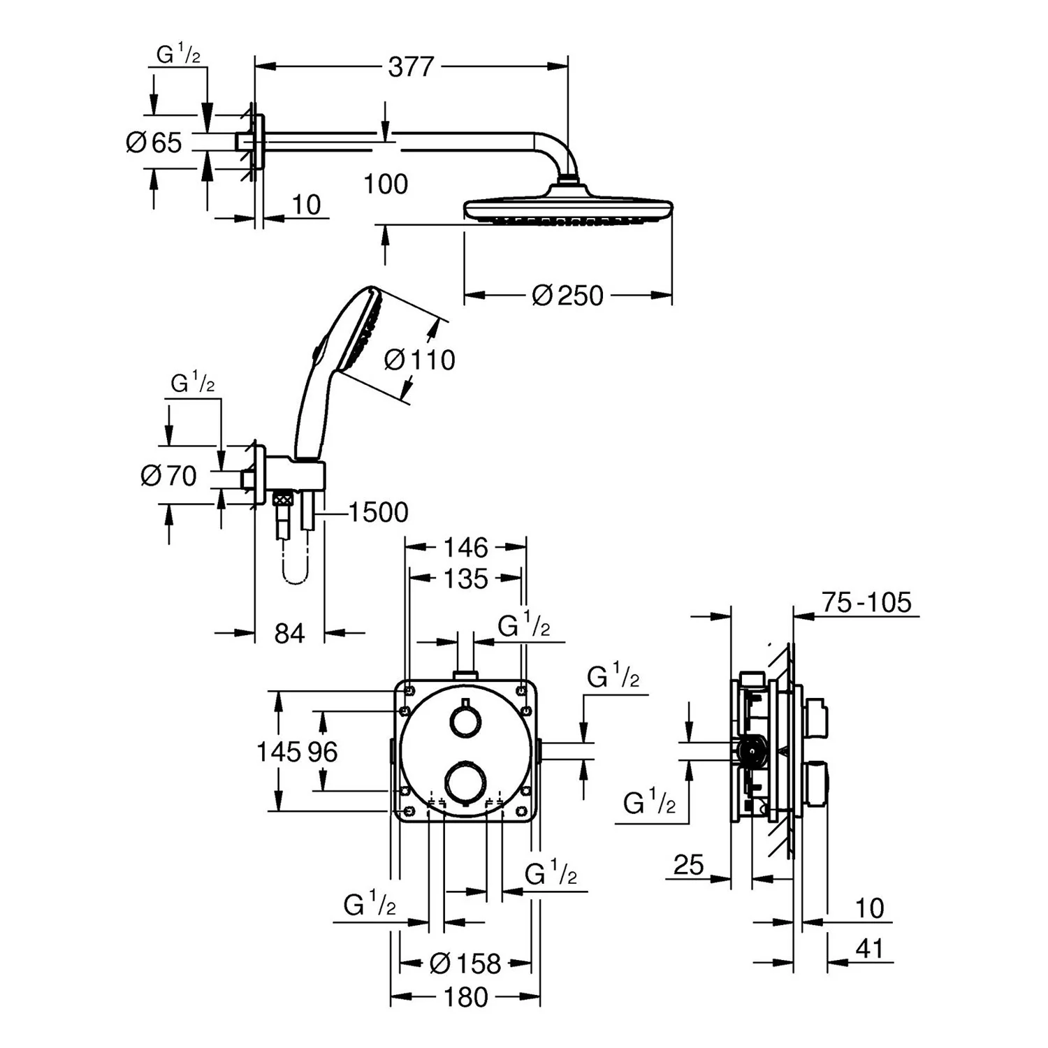 Rysunek techniczny systemu prysznicowego z wymiarami, Grohe