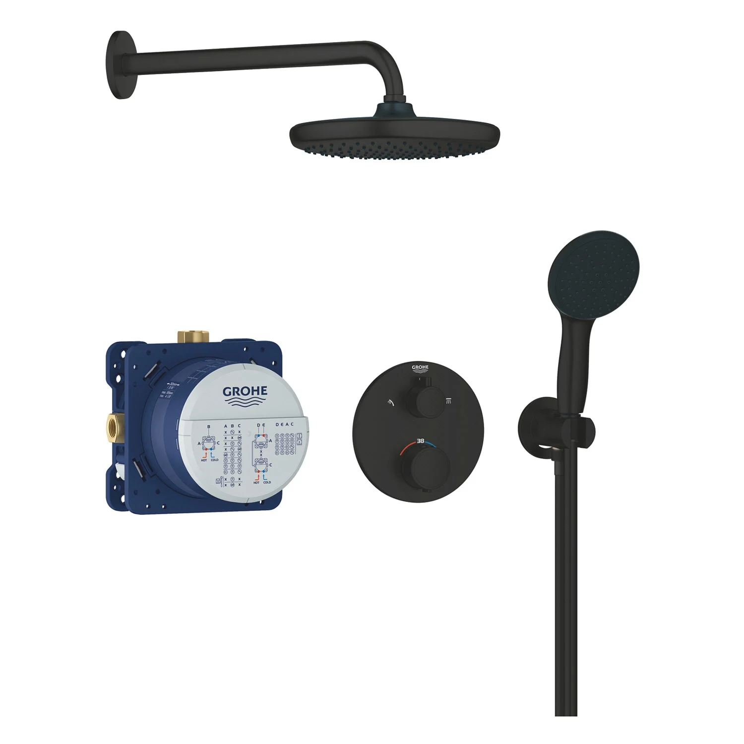 Czarny system prysznicowy z instalacją podtynkową, Grohe