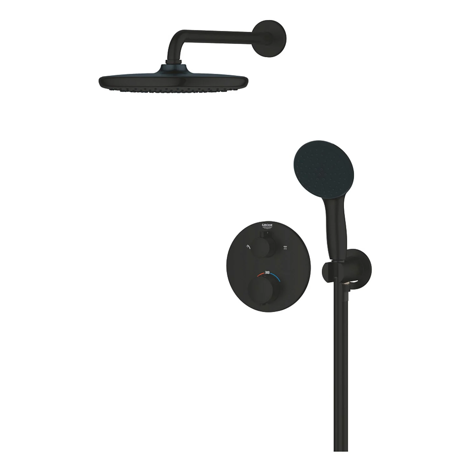 Czarny system prysznicowy z rączką i deszczownicą, Grohe