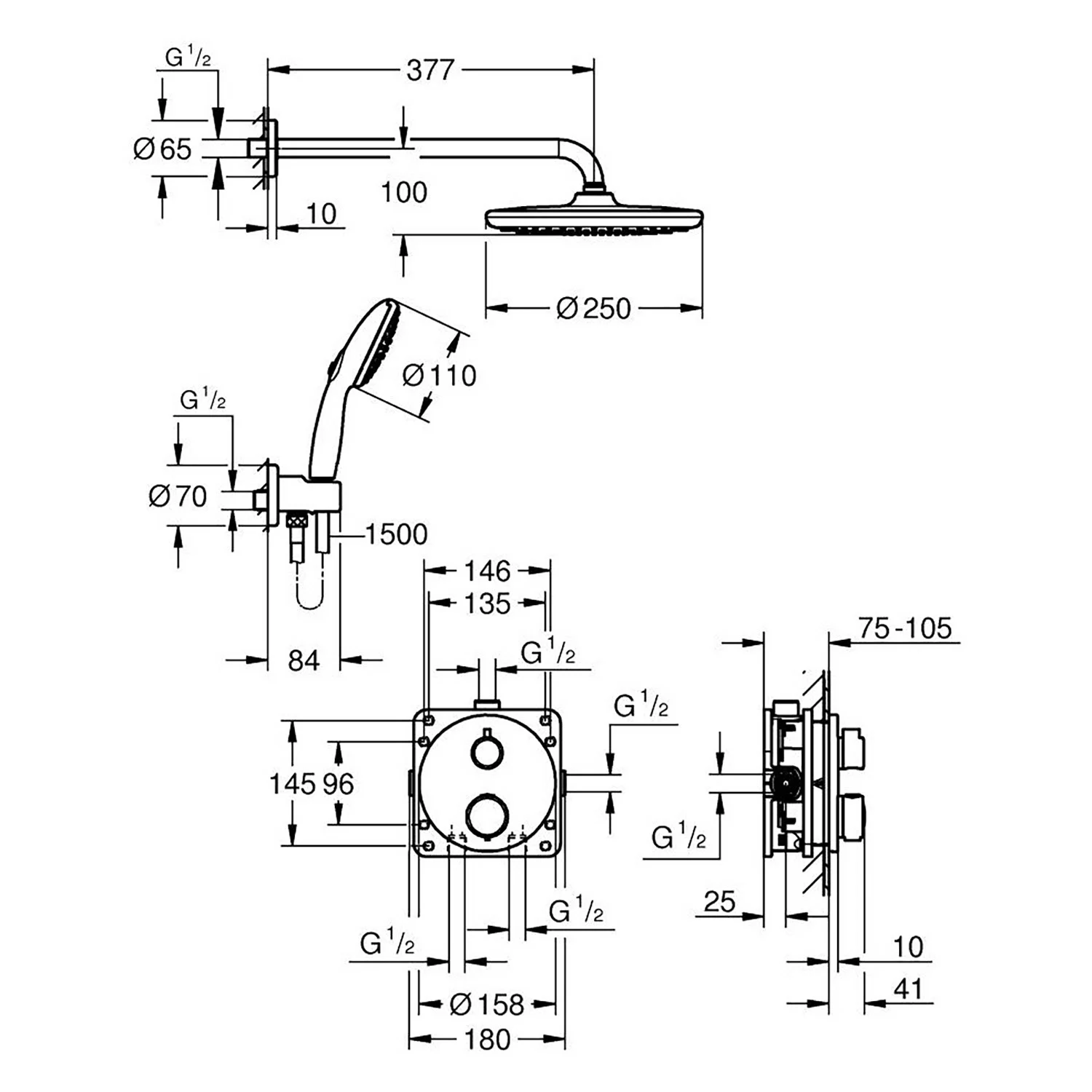 Rysunek techniczny systemu prysznicowego z Vitalio, Grohe