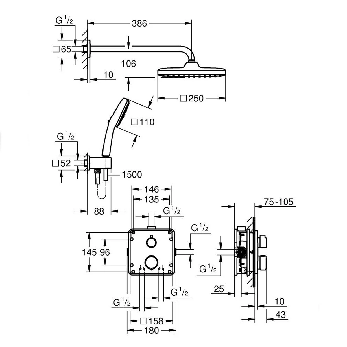 Rysunek techniczny systemu prysznicowego z wymiarami, Grohe