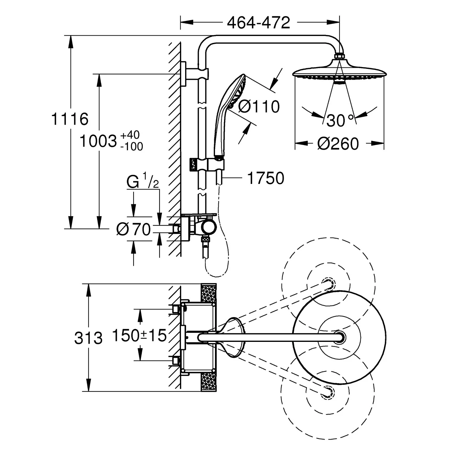 Rysunek techniczny systemu prysznicowego z wymiarami, Grohe