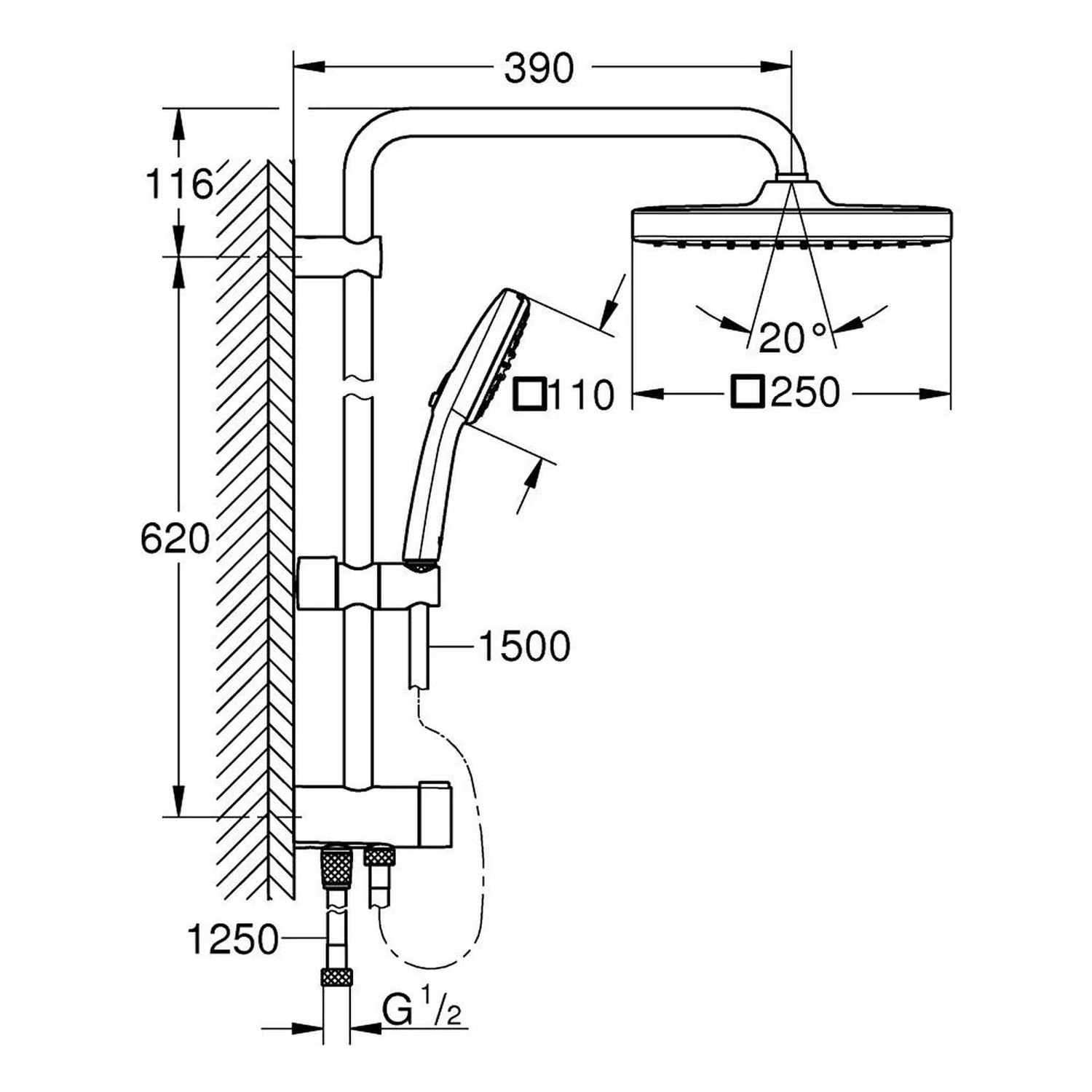 Rysunek techniczny systemu prysznicowego z wymiarami, Grohe