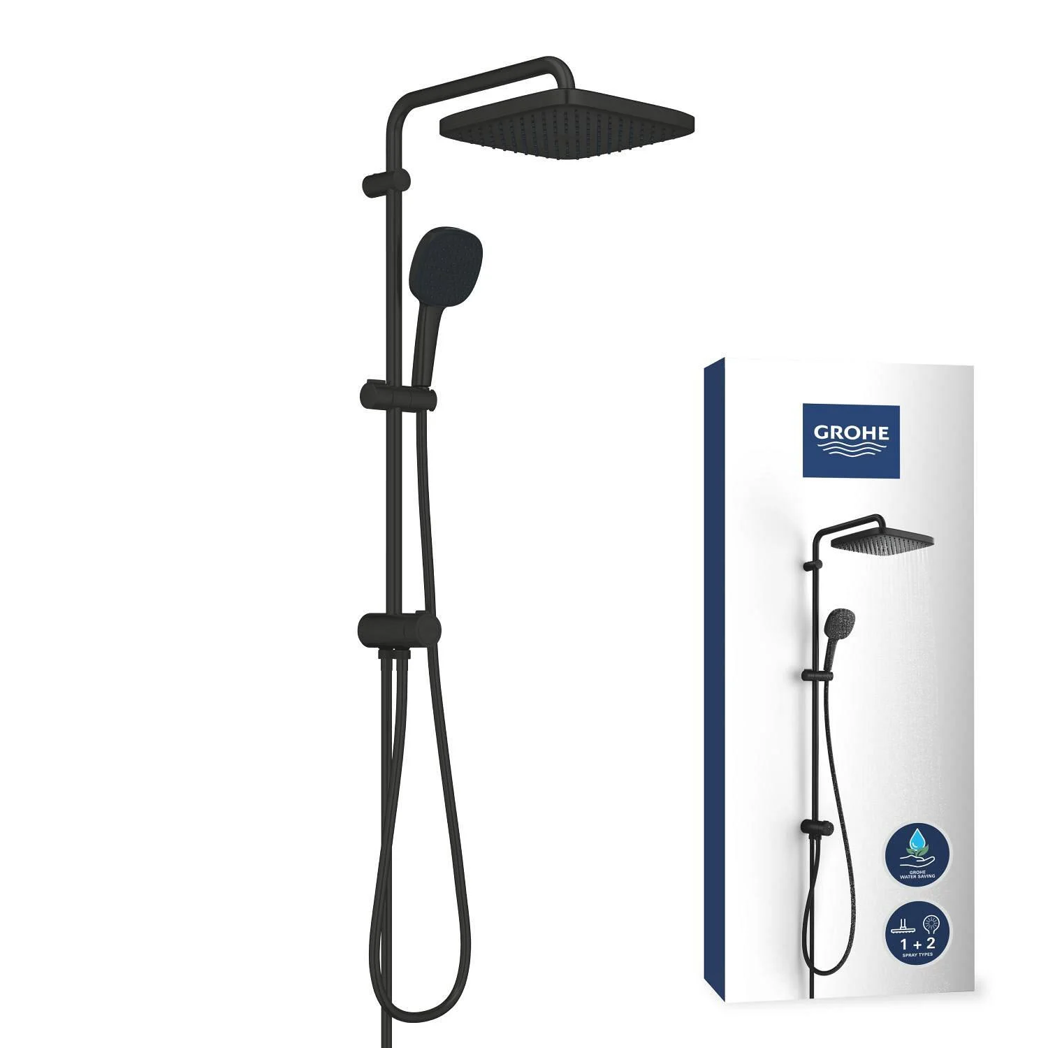 Czarny system prysznicowy widok z przodu z opakowaniem, Grohe