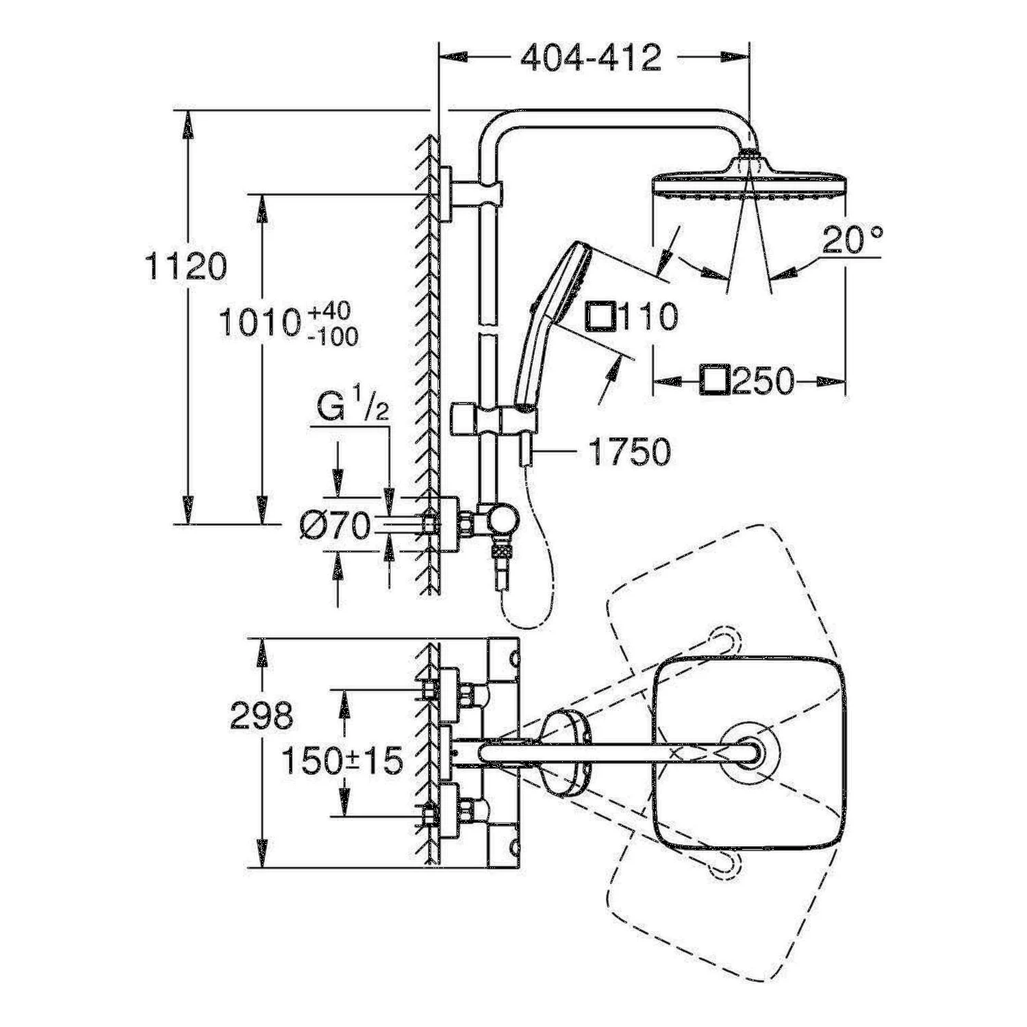Rysunek techniczny systemu prysznicowego z wymiarami, Grohe