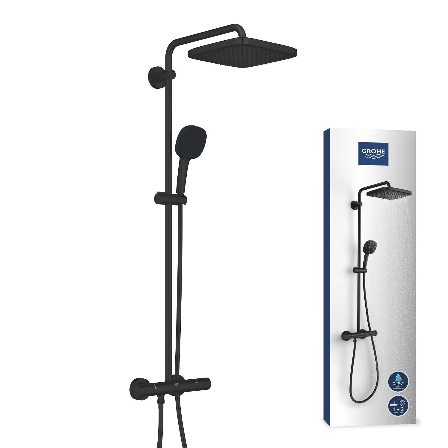 Czarny system prysznicowy widok z przodu z opakowaniem, Grohe