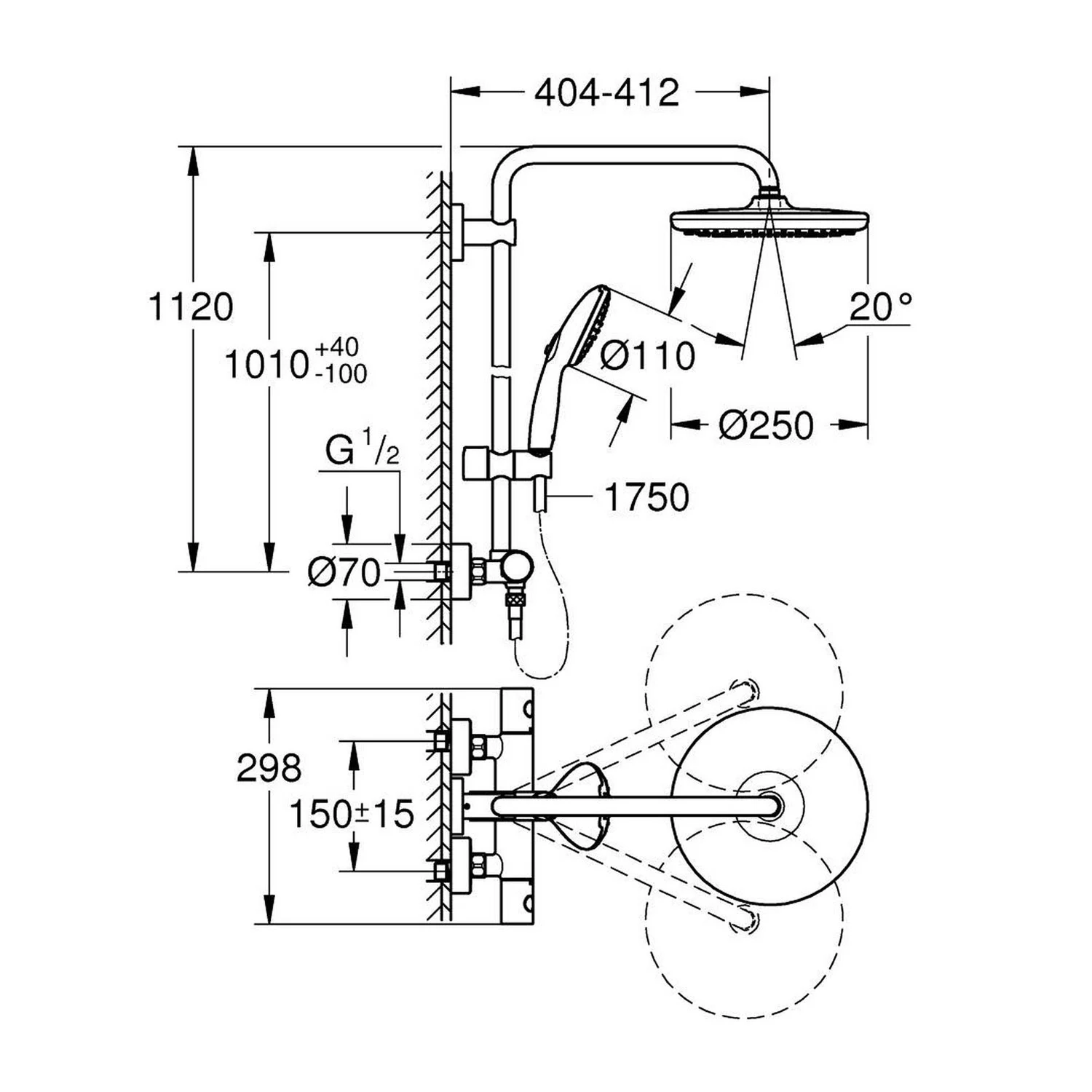 Rysunek techniczny systemu prysznicowego z wymiarami, Grohe