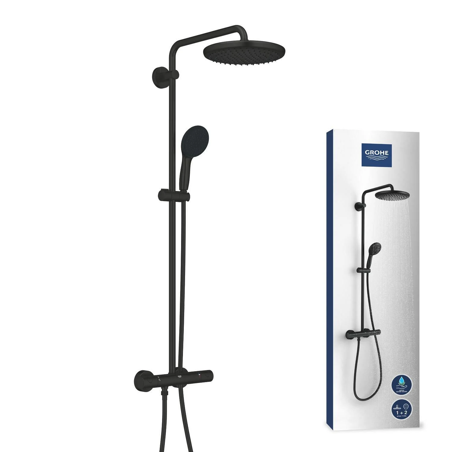 Czarny system prysznicowy widok z przodu z opakowaniem, Grohe