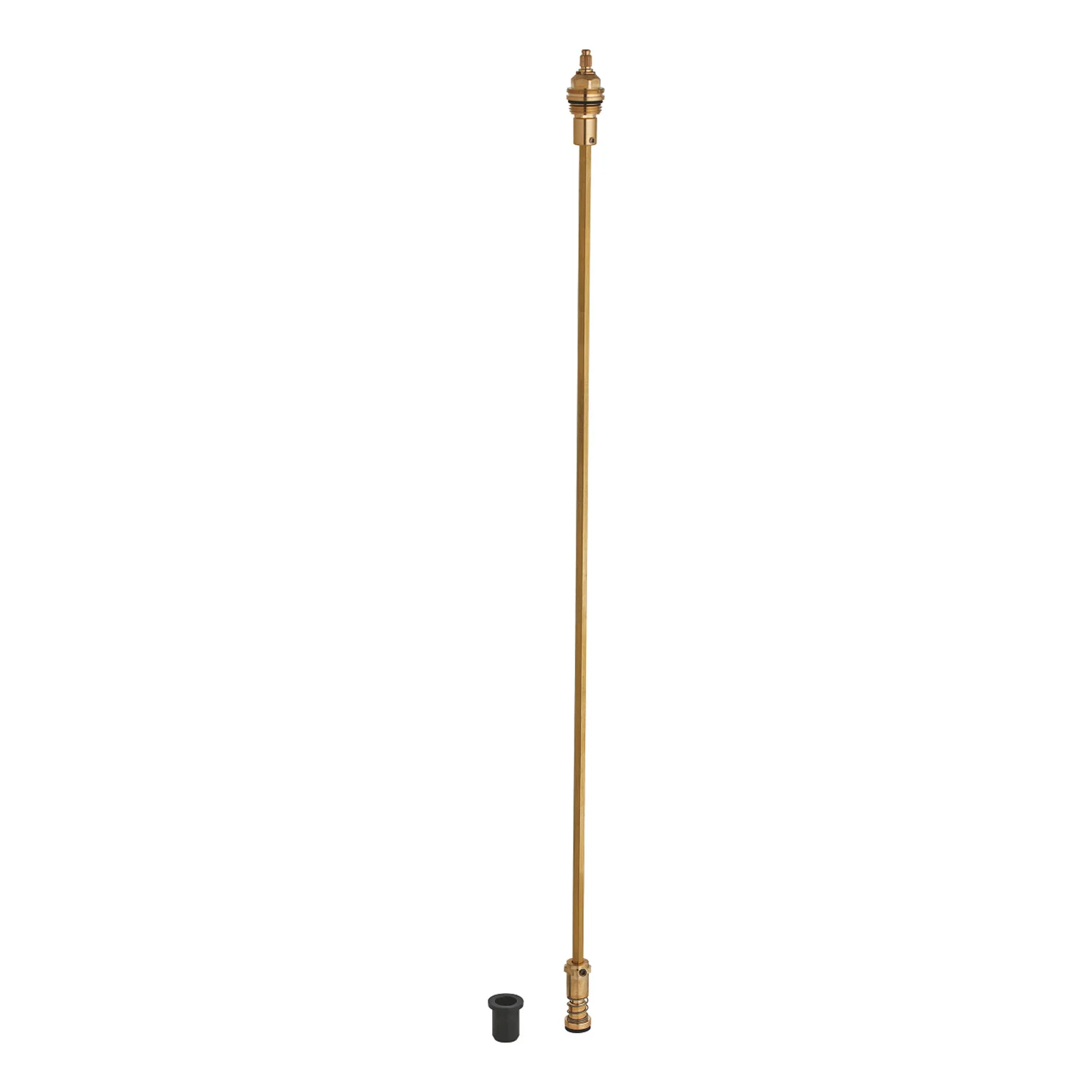 Długi metalowy element z małym akcesorium na białym tle, Grohe