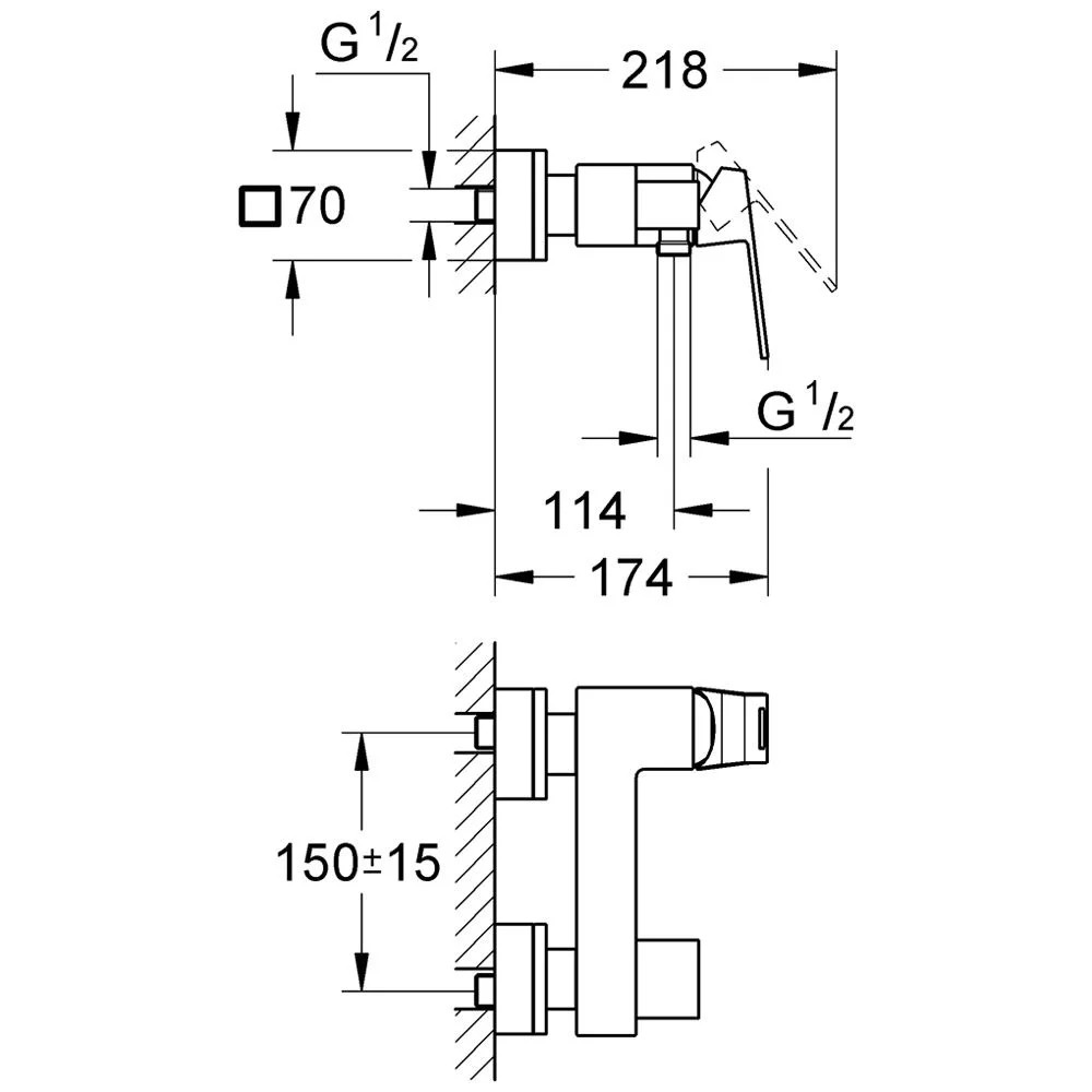 Rysunek techniczny mieszacza prysznicowego z wymiarami, Grohe