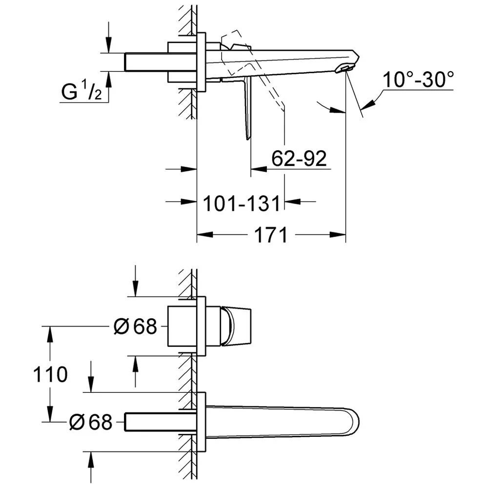 Rysunek techniczny baterii umywalkowej Eurodisc Cosmopolitan, Grohe