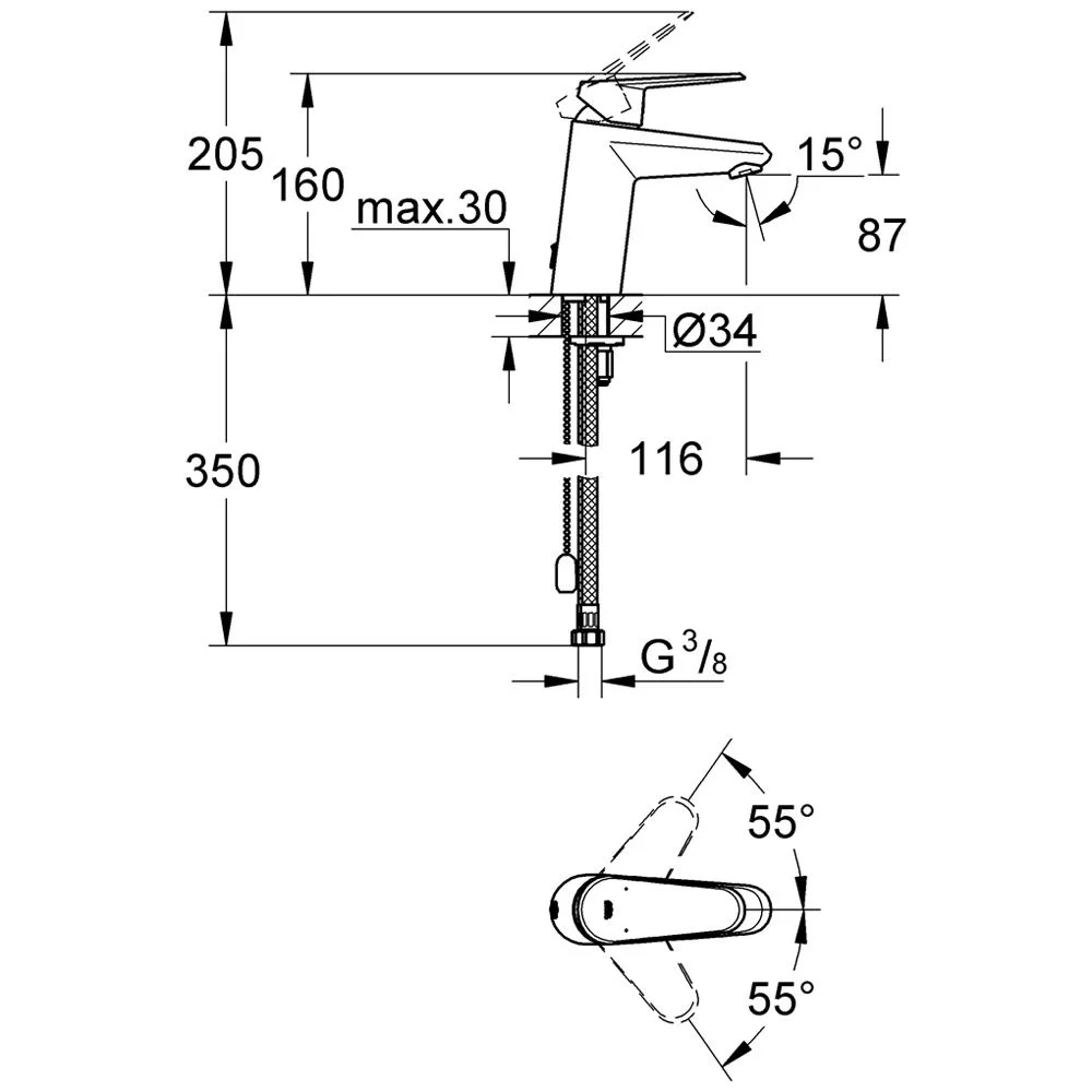 Rysunek techniczny baterii umywalkowej z wymiarami, Grohe
