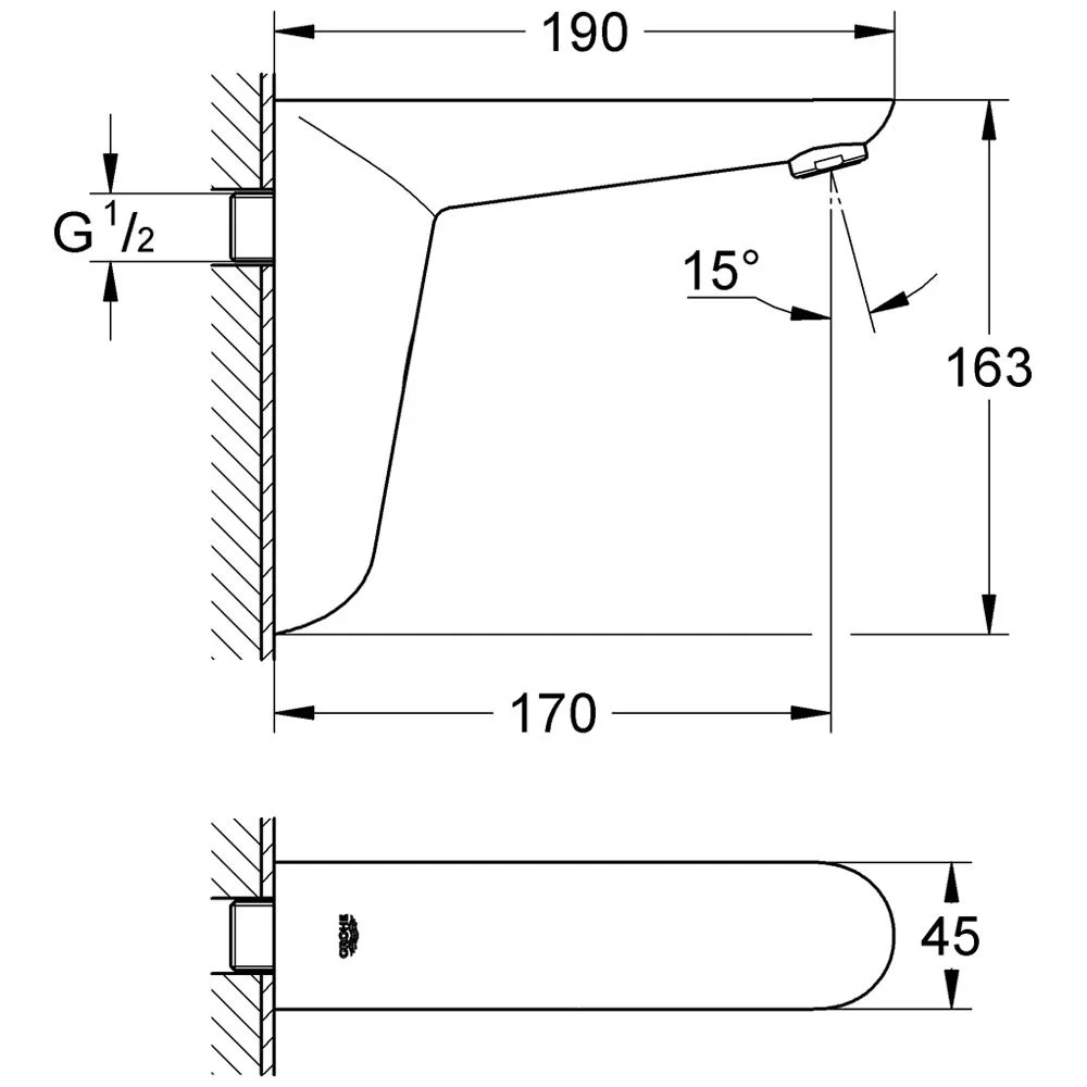 Rysunek techniczny baterii ściennej z wymiarami, Grohe