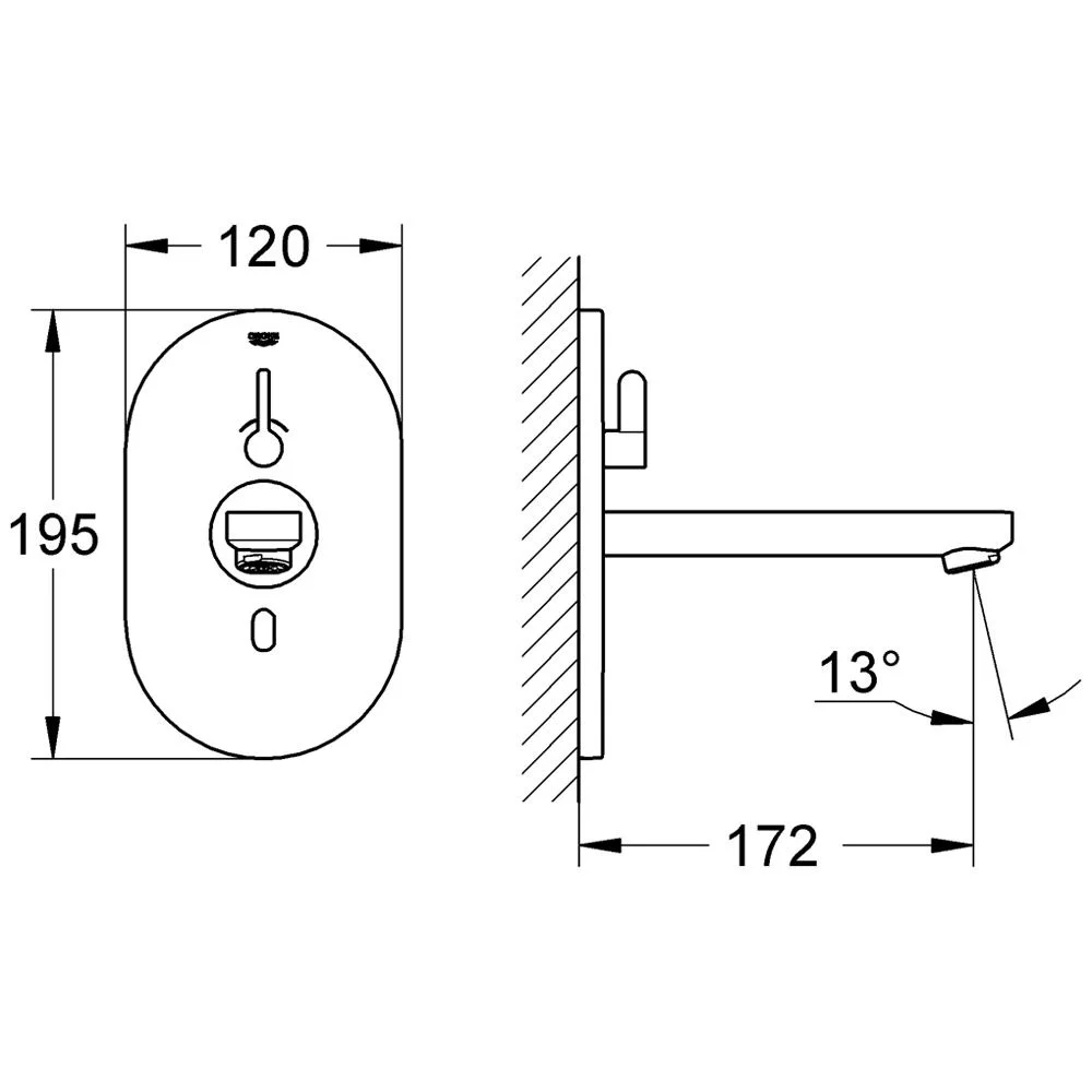 Rysunek techniczny baterii ściennej z wymiarami, Grohe