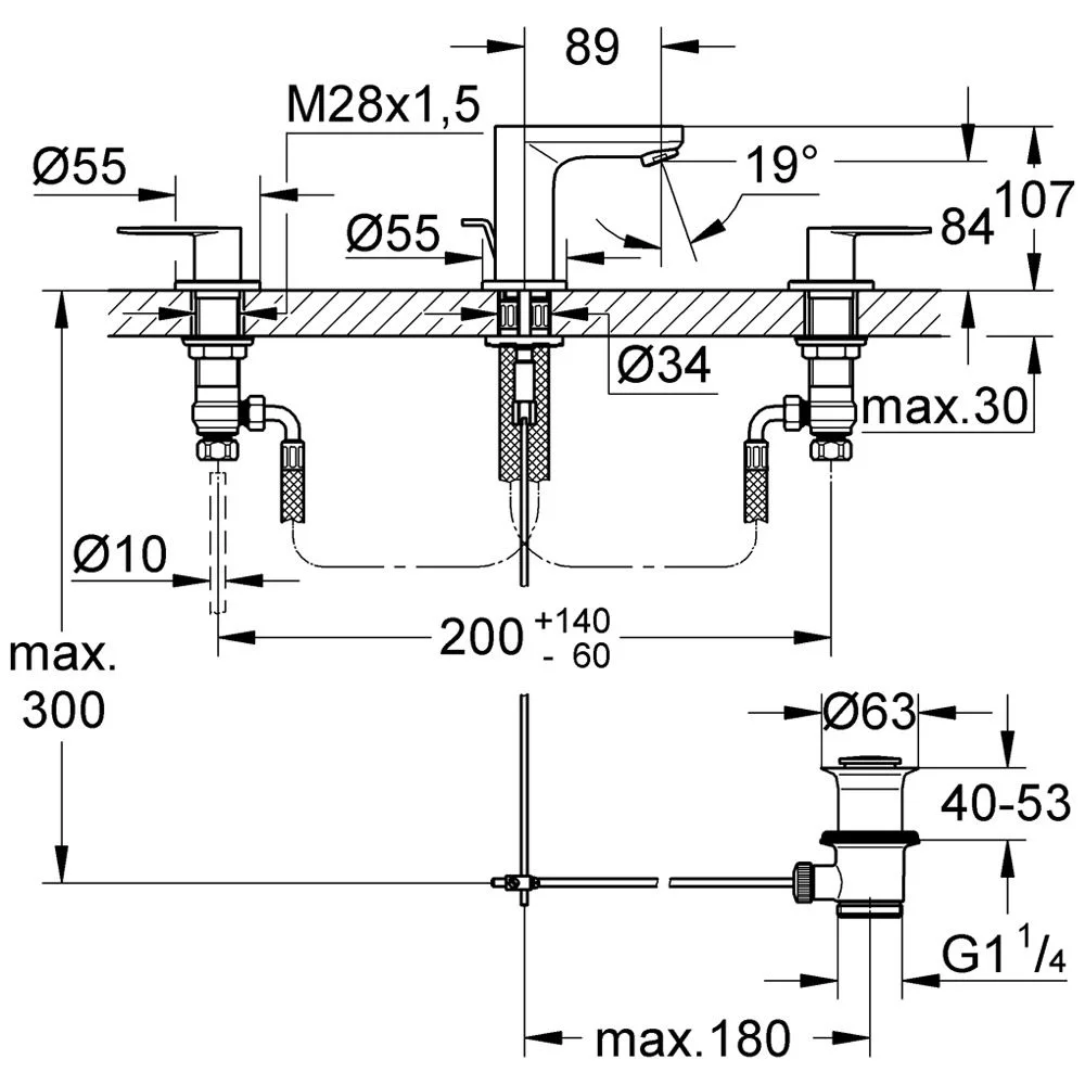 Rysunek techniczny baterii 3-otworowej z wymiarami, Grohe