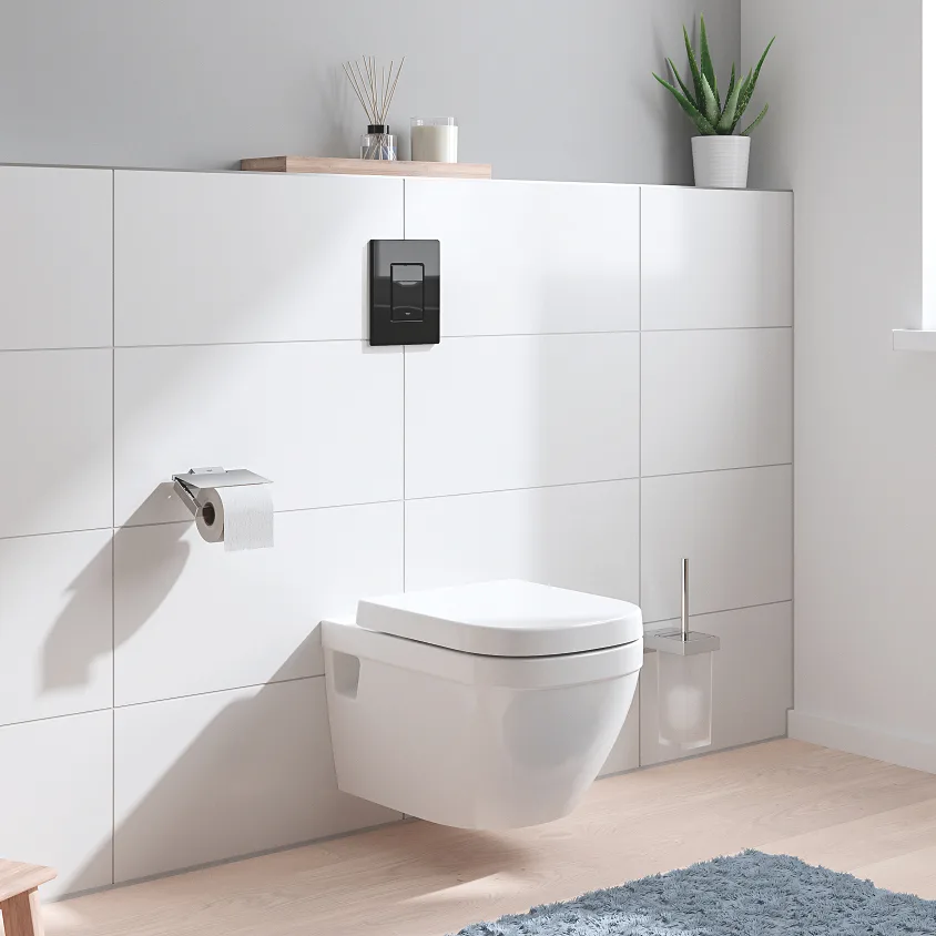 Toaleta z czarną płytą spłukującą w łazience, Grohe