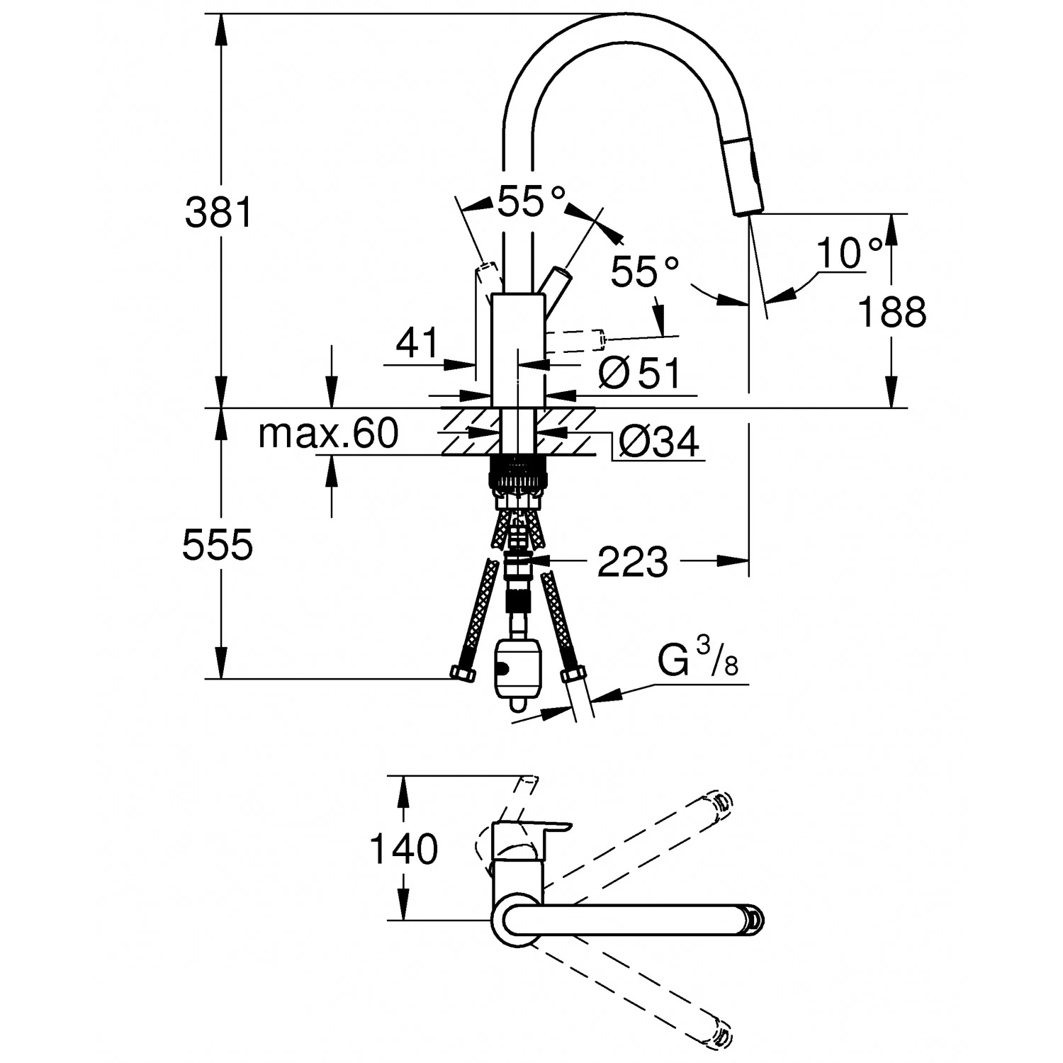 GROHE Feel Einhand-Spültischbatterie 1/2" hoher Auslauf, 2 Strahlarten Bild 5