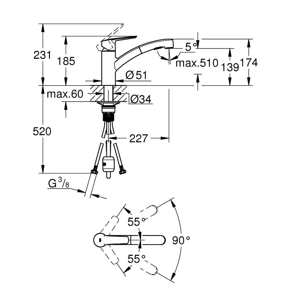 Rysunek techniczny baterii kuchennej Grohe, Grohe