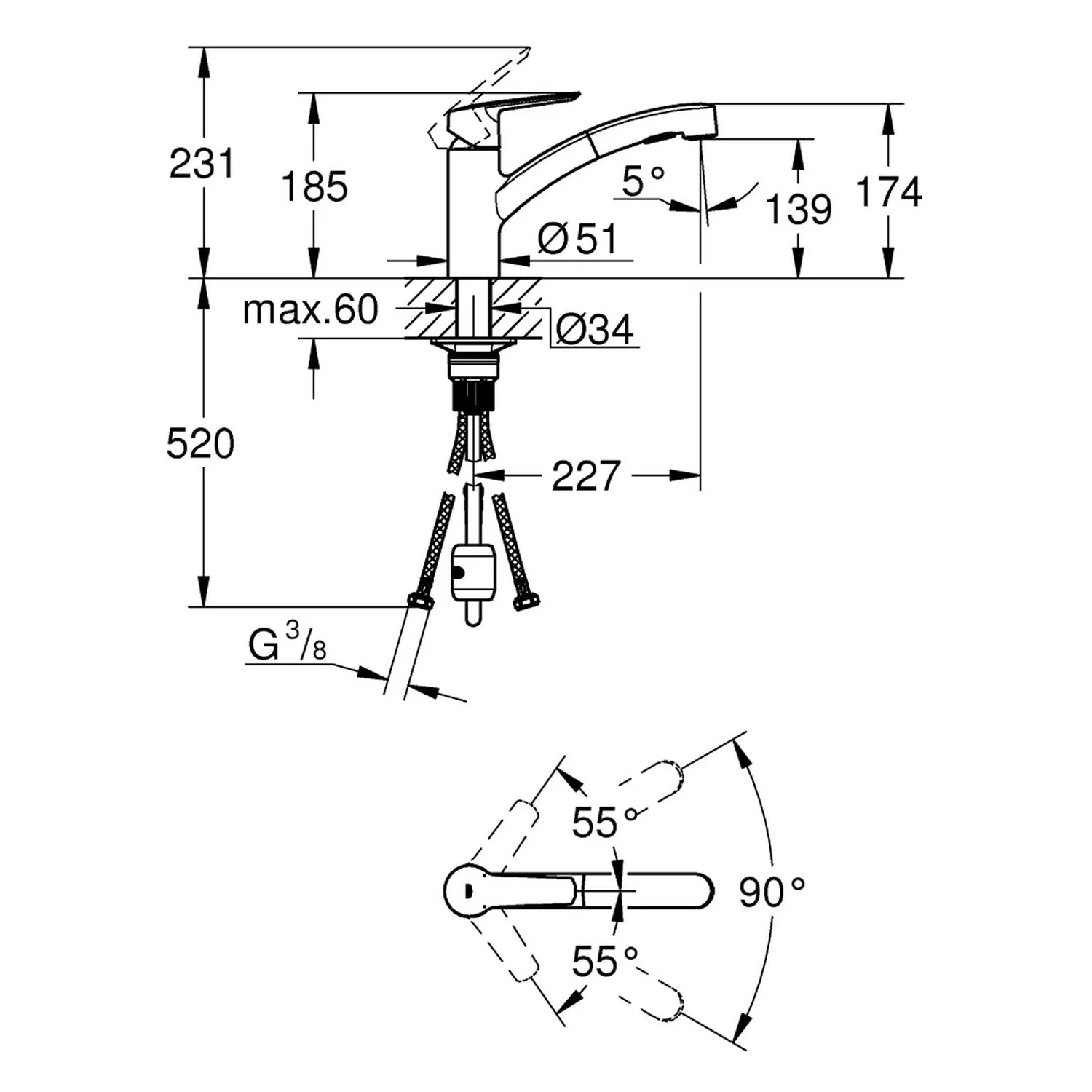 Rysunek techniczny baterii kuchennej z wymiarami, Grohe