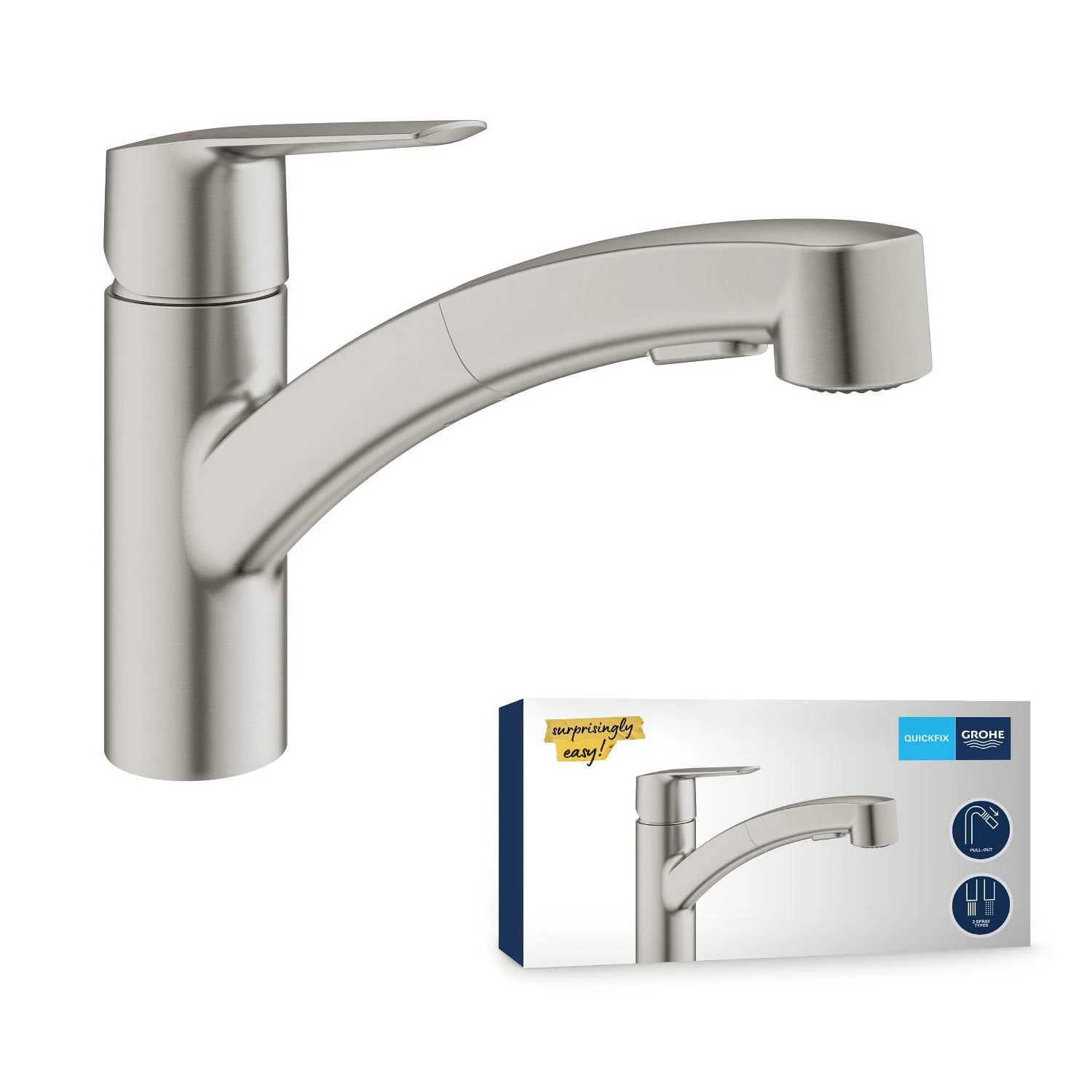 Niklowana bateria kuchenna widok z boku z opakowaniem, Grohe