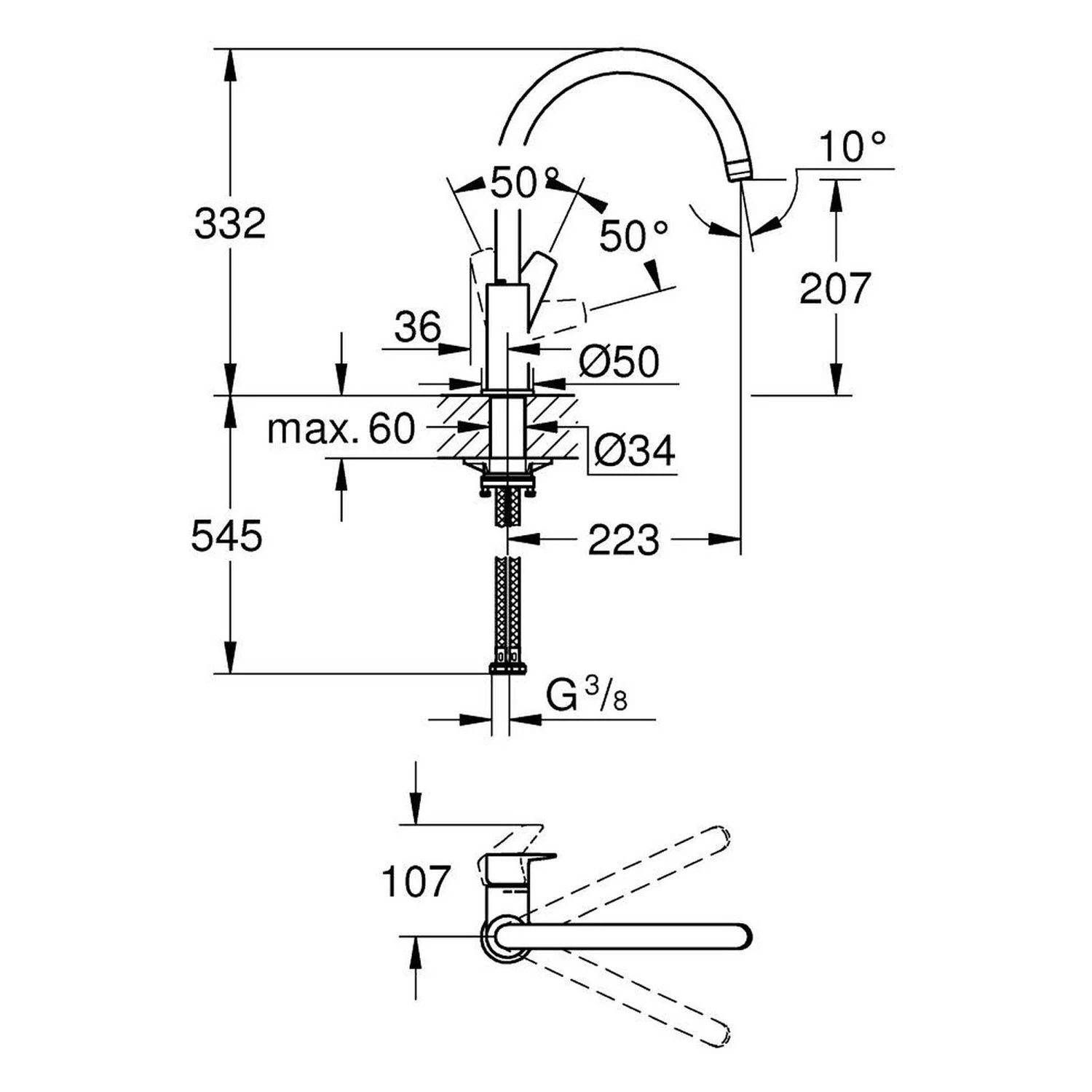 Rysunek techniczny baterii kuchennej z wymiarami, Grohe