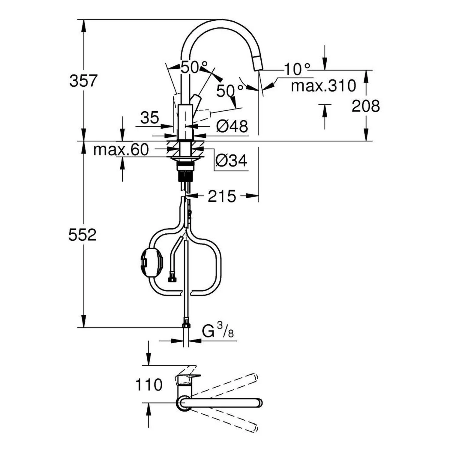 Rysunek techniczny baterii kuchennej z wymiarami, Grohe